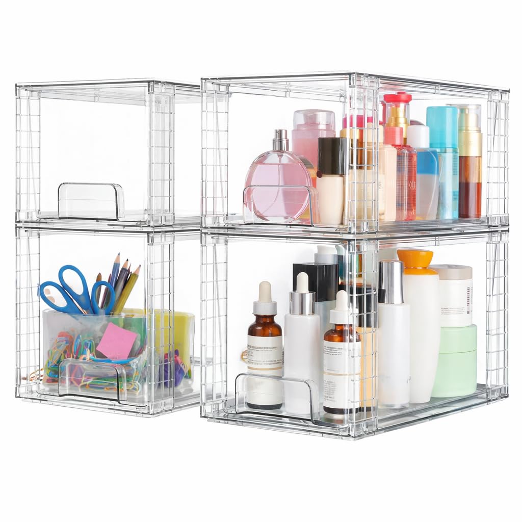 SKY-TOUCH  Plastic Stackable Storage Drawers, Clear Acrylic Storage Drawers Container Boxes for Vanity, Undersink, Kitchen Cabinets, Pantry Organization and Storage