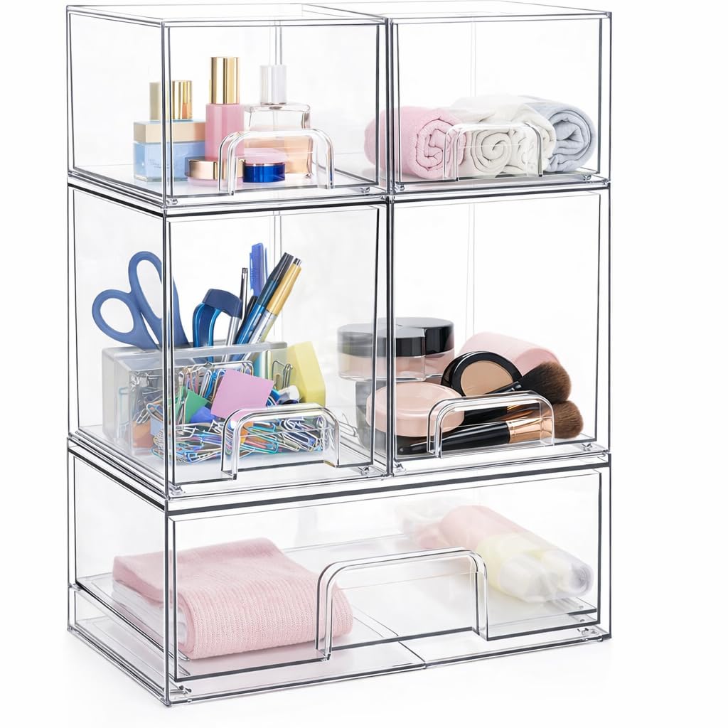 SKY-TOUCH  Plastic Stackable Storage Drawers, Clear Acrylic Storage Drawers Container Boxes for Vanity, Undersink, Kitchen Cabinets, Pantry Organization and Storage
