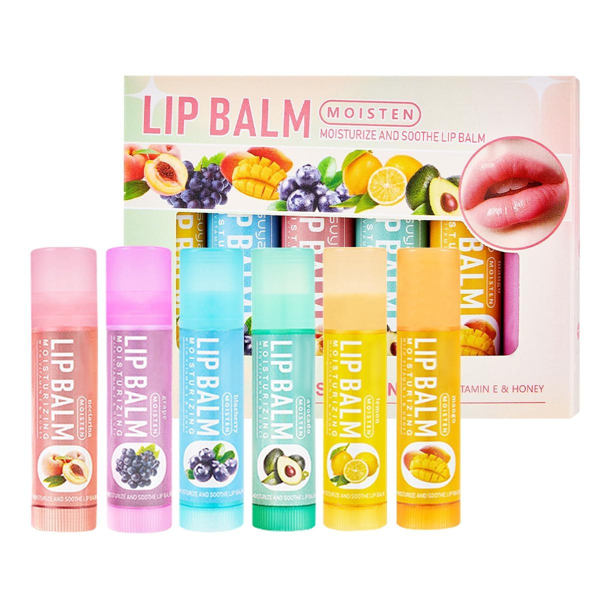 SKY-TOUCH 6 Pack Fruit Flavored Lip Balm Set – Moisturizing & Hydrating Lip Care, Anti-Chapping, Non-Greasy, Natural Lip Balm for Dry, Cracked Lips