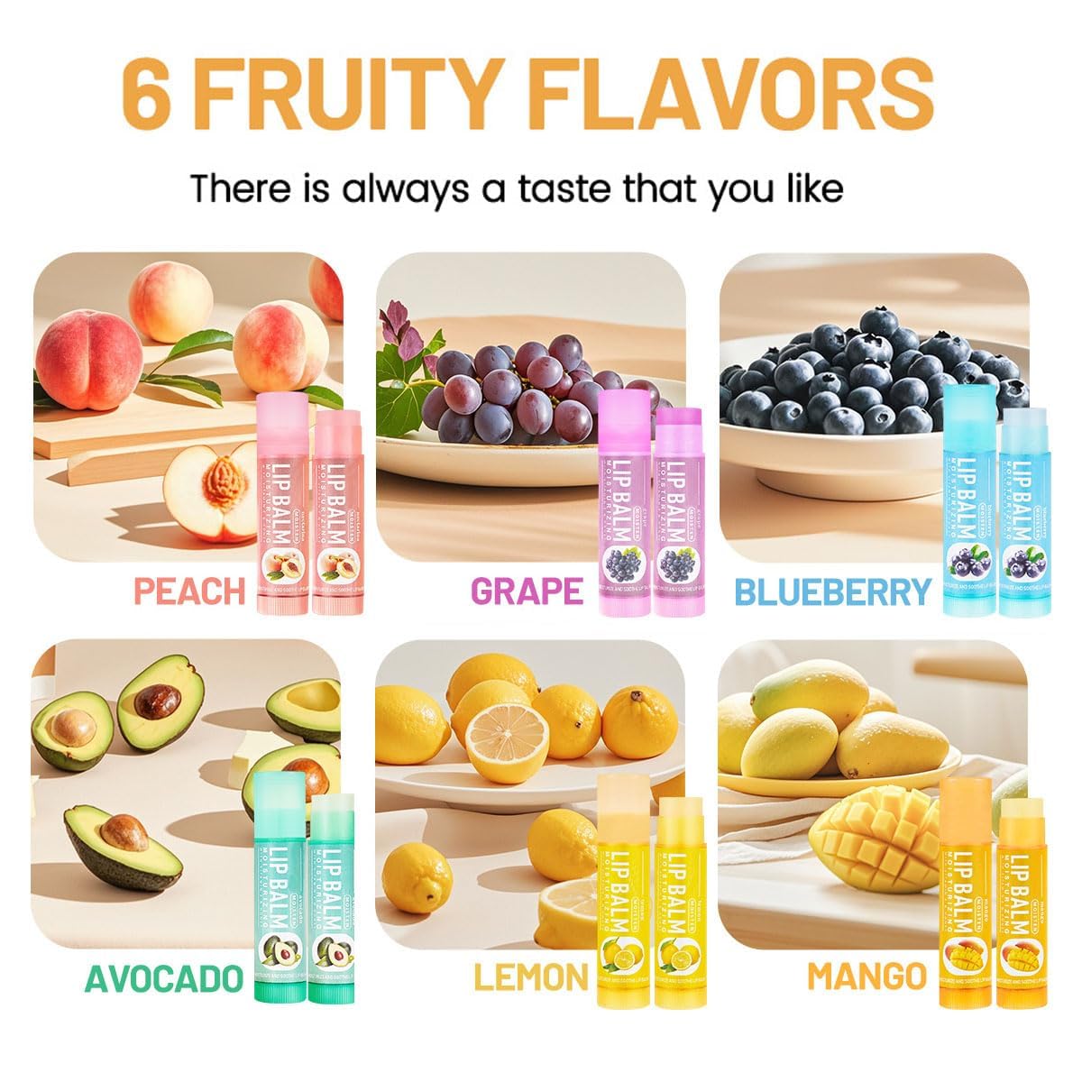 SKY-TOUCH 6 Pack Fruit Flavored Lip Balm Set – Moisturizing & Hydrating Lip Care, Anti-Chapping, Non-Greasy, Natural Lip Balm for Dry, Cracked Lips