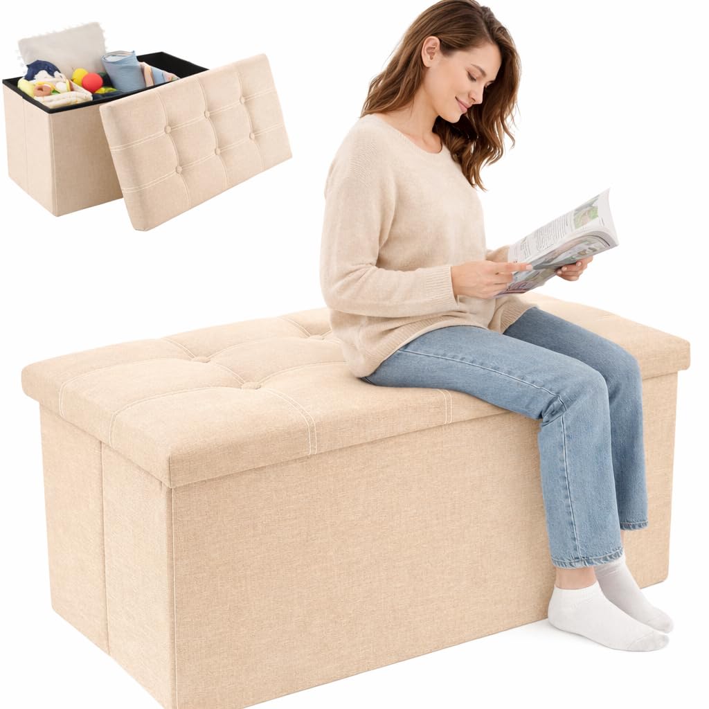 SKY-TOUCH Ottoman Seat Storage Stool, Folding Storage Ottoman Cube, Space-Saving Cube Footrest Seat for Bedroom, Hallway, Living Room,Beige,76 * 38 * 38cm(Capacity 150KG) 1 pack