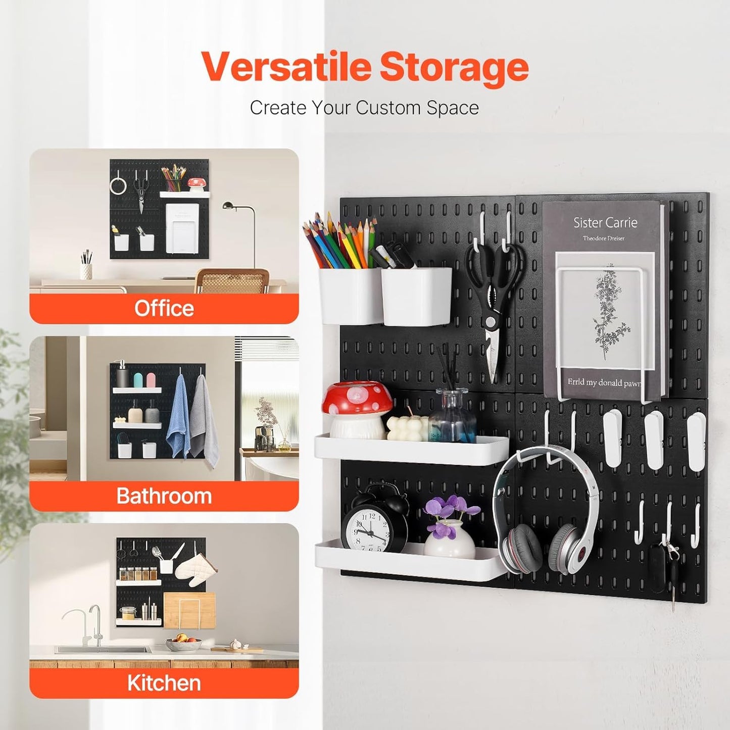 SKY-TOUCH Modular Pegboard Wall Organizer Kit - 2 Pegboards, 10 Accessories, No Drill Installation, Space-Saving Storage & Display for Kitchen, Office, Bathroom (Black)