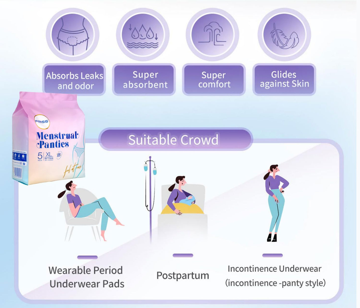 SKY-TOUCH Night Period Panty for Women M and XL, 5 Counts Ultra Absorbent Disposable Overnight Panties, 360° Leak Proof Period Panties Breathable Comfortable, Suitable Weight.