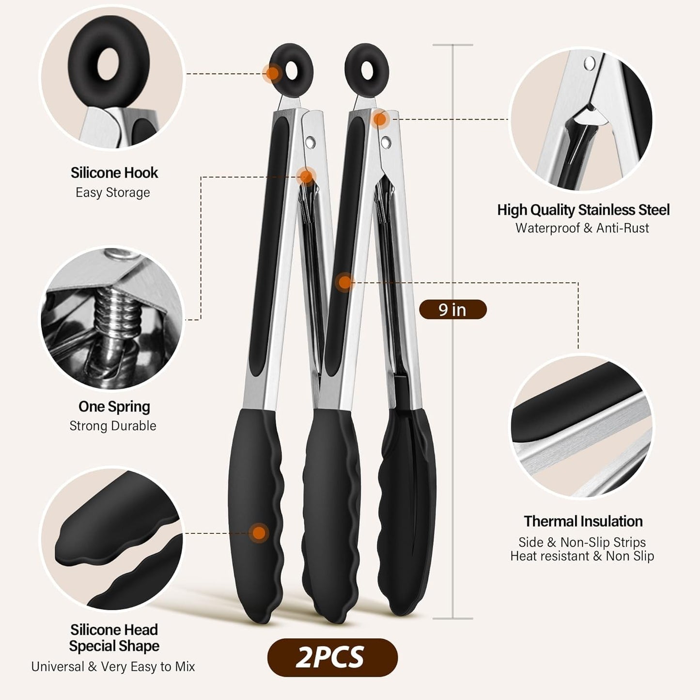 SKY-TOUCH 2 pack Heat Resistant Silicone Kitchen Tongs, 9 Inch Non-Stick Silicone and Metal Tongs Easy Grip Locking Salad Tong Heat Resistant for BBQ Cooking Barbecue Steak and Serving Food