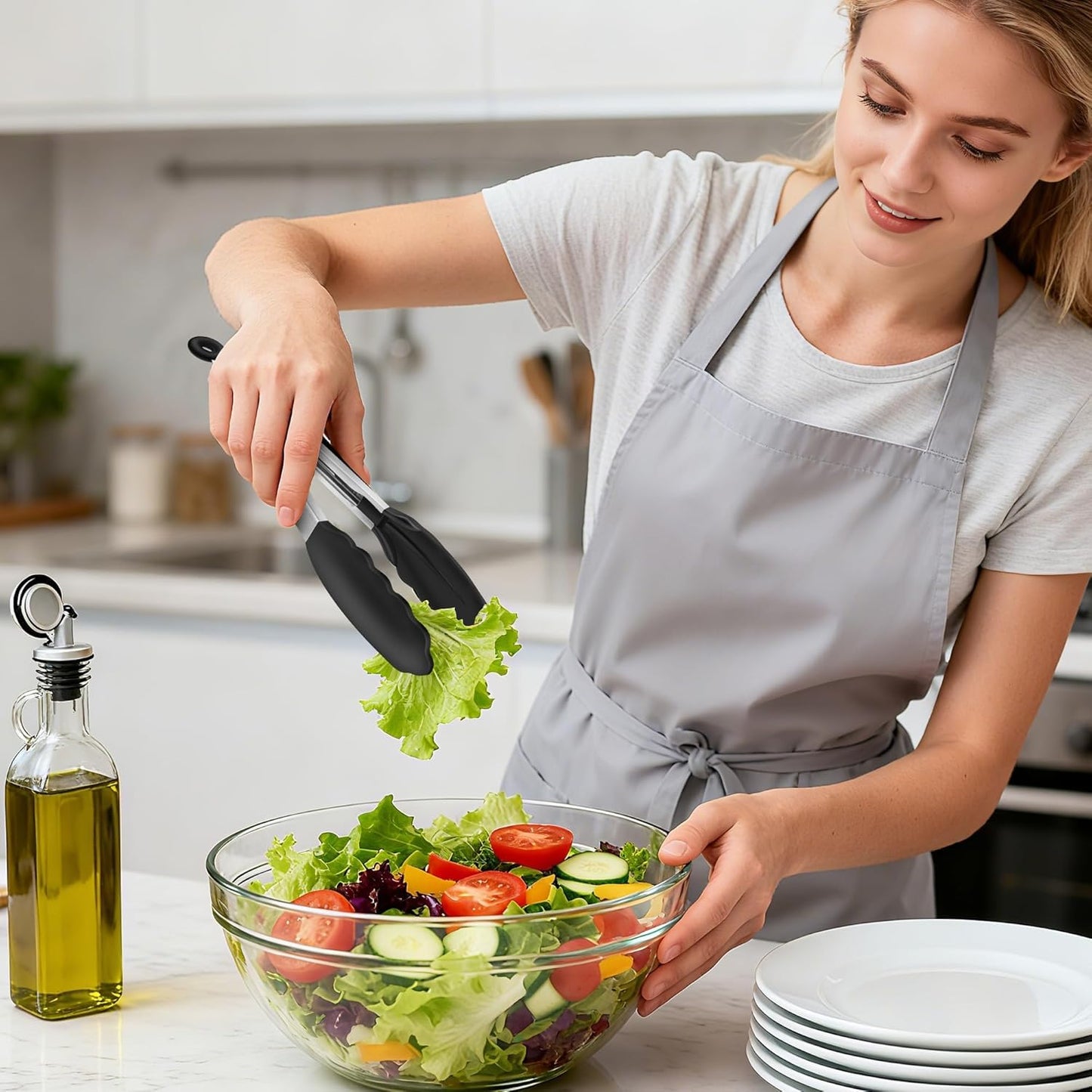 SKY-TOUCH 2 pack Heat Resistant Silicone Kitchen Tongs, 9 Inch Non-Stick Silicone and Metal Tongs Easy Grip Locking Salad Tong Heat Resistant for BBQ Cooking Barbecue Steak and Serving Food