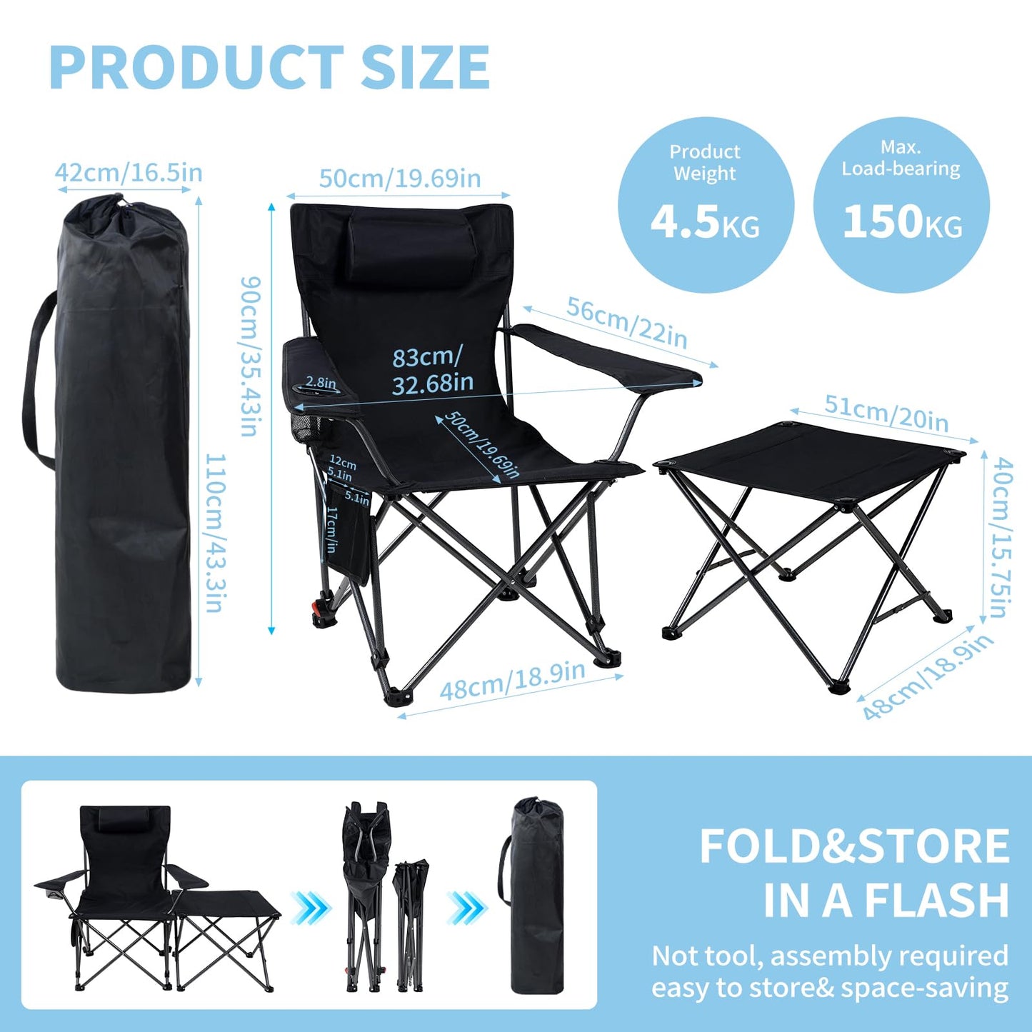SKY-TOUCH Camping Chair Set, Folding Chair, Portable Camping Chair with Side Pocket & Carry Bag,Camping Couch for Adults, Black