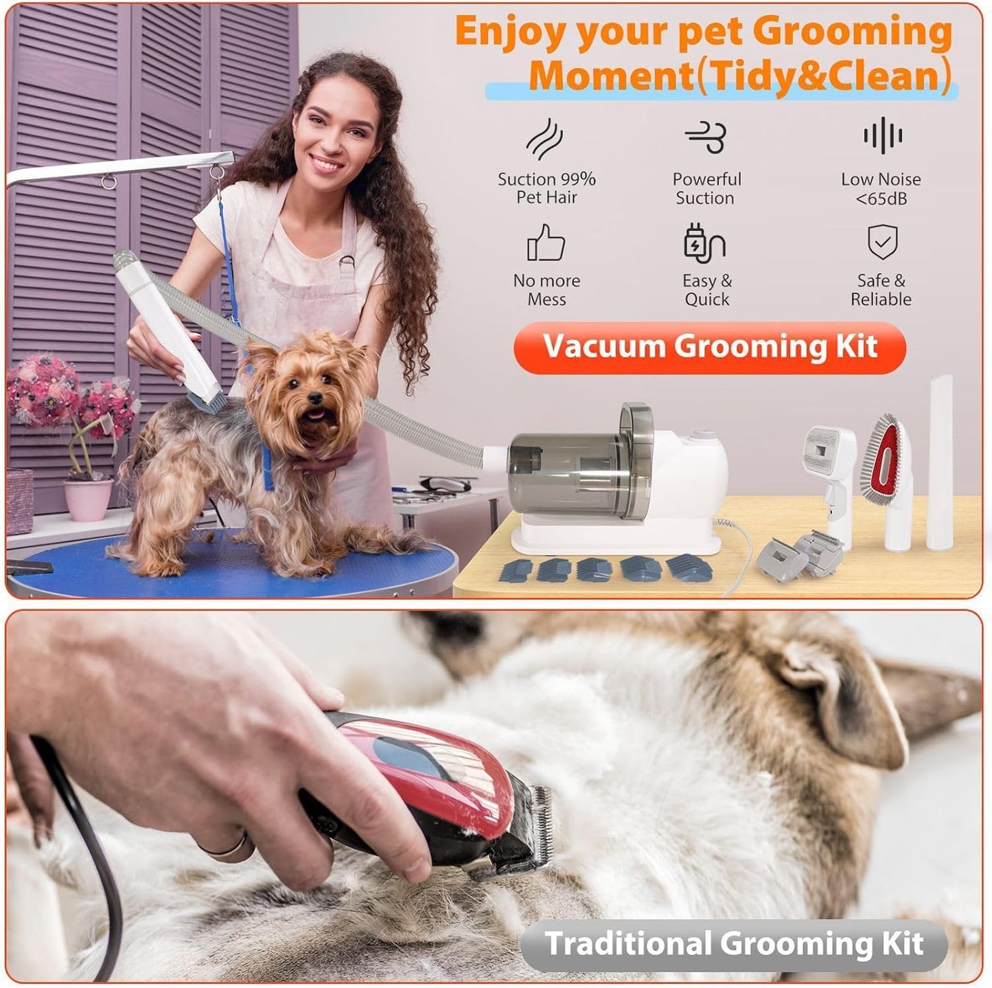 SKY-TOUCH Dog/Cat Hair Vacuum & Grooming Kit, 12 in 1 Shedding Grooming Kit, 2L Large Capacity Low Noise Hair Remover Supplies for Dogs & Cats