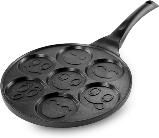 SKY-TOUCH Seven Hole Smiley Faces Pancake Pan, Non Stick Pot Muffin Flat Pot Egg Dumpling Fried Egg Mold Breakfast Pot, 26.5x26.5cm - with Cool Touch Handle