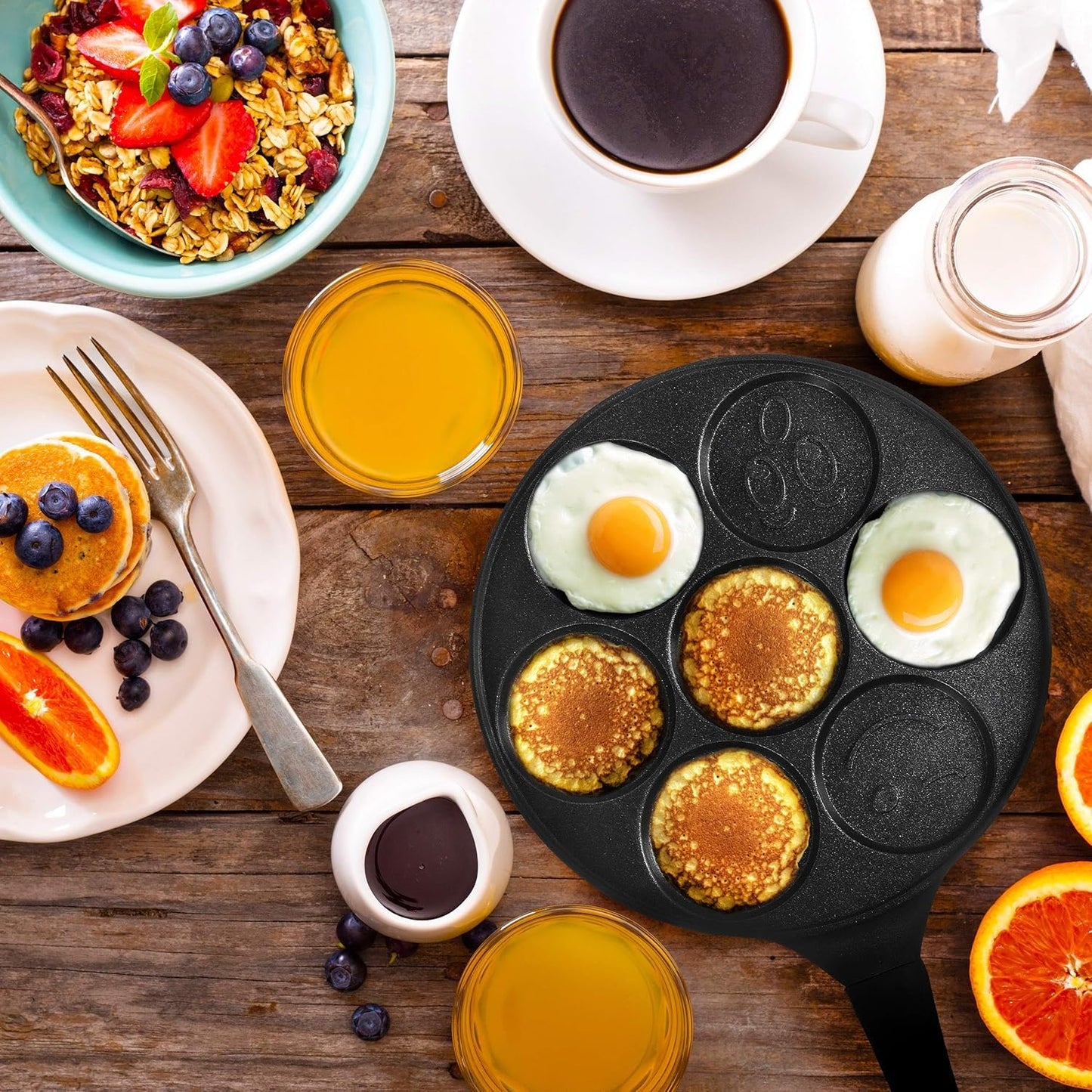 SKY-TOUCH Seven Hole Smiley Faces Pancake Pan, Non Stick Pot Muffin Flat Pot Egg Dumpling Fried Egg Mold Breakfast Pot, 26.5x26.5cm - with Cool Touch Handle