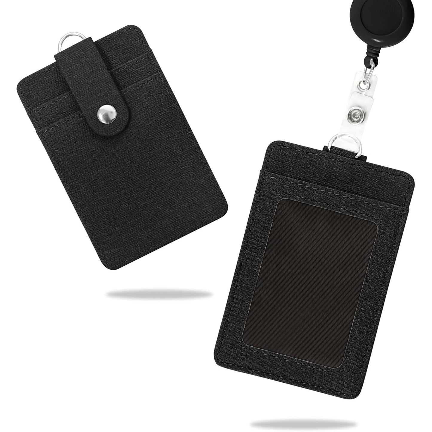SKY-TOUCH Badge Holder, PU Leather Card Wallet with Retractable Clip, Featuring 3 Card Slots And a Neck Lanyard/Shoulder Strap Suitable for Office IDs, Student IDs, And Driver's Licenses Black