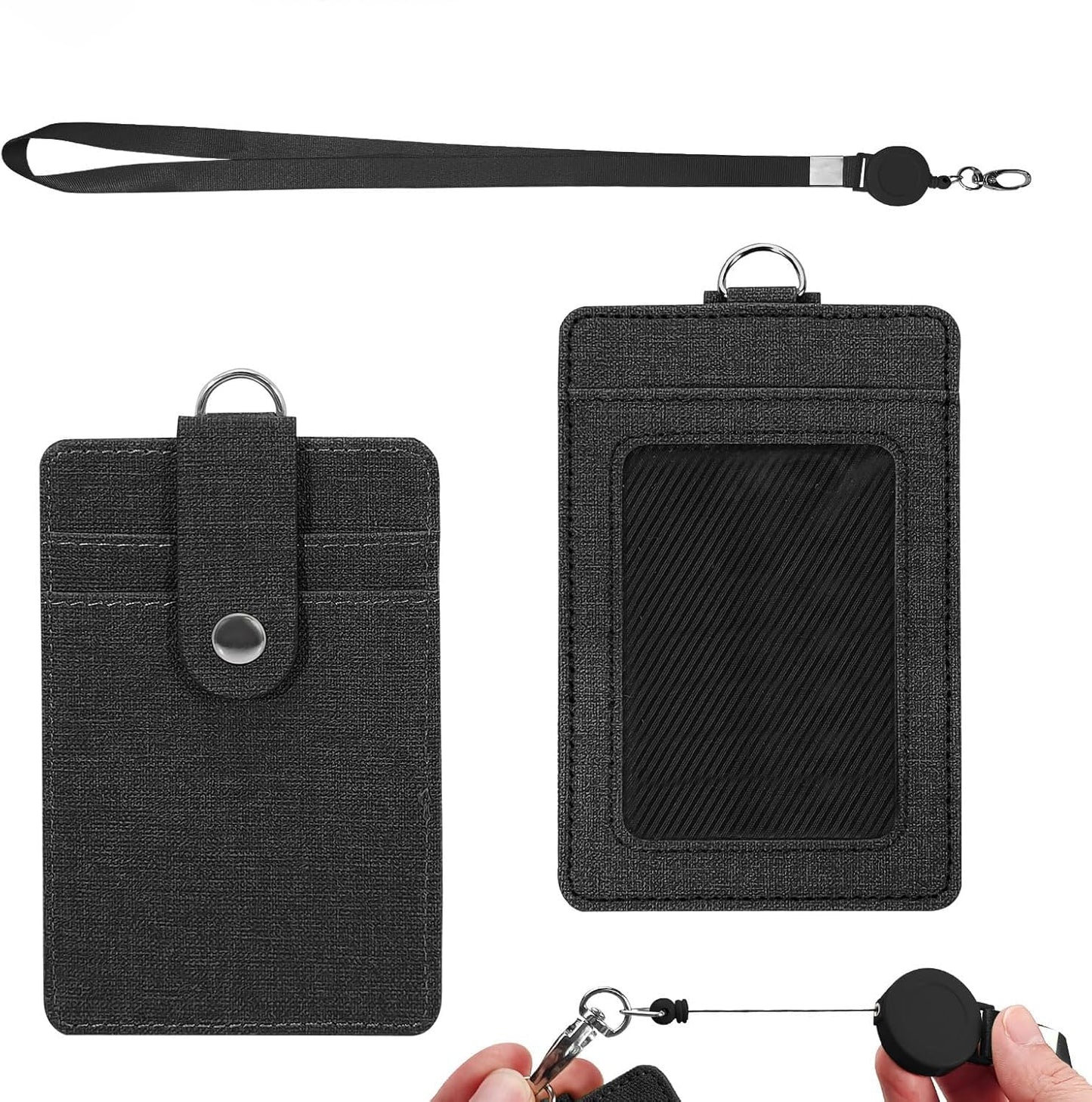 SKY-TOUCH Badge Holder, PU Leather Card Wallet with Retractable Clip, Featuring 3 Card Slots And a Neck Lanyard/Shoulder Strap Suitable for Office IDs, Student IDs, And Driver's Licenses Black