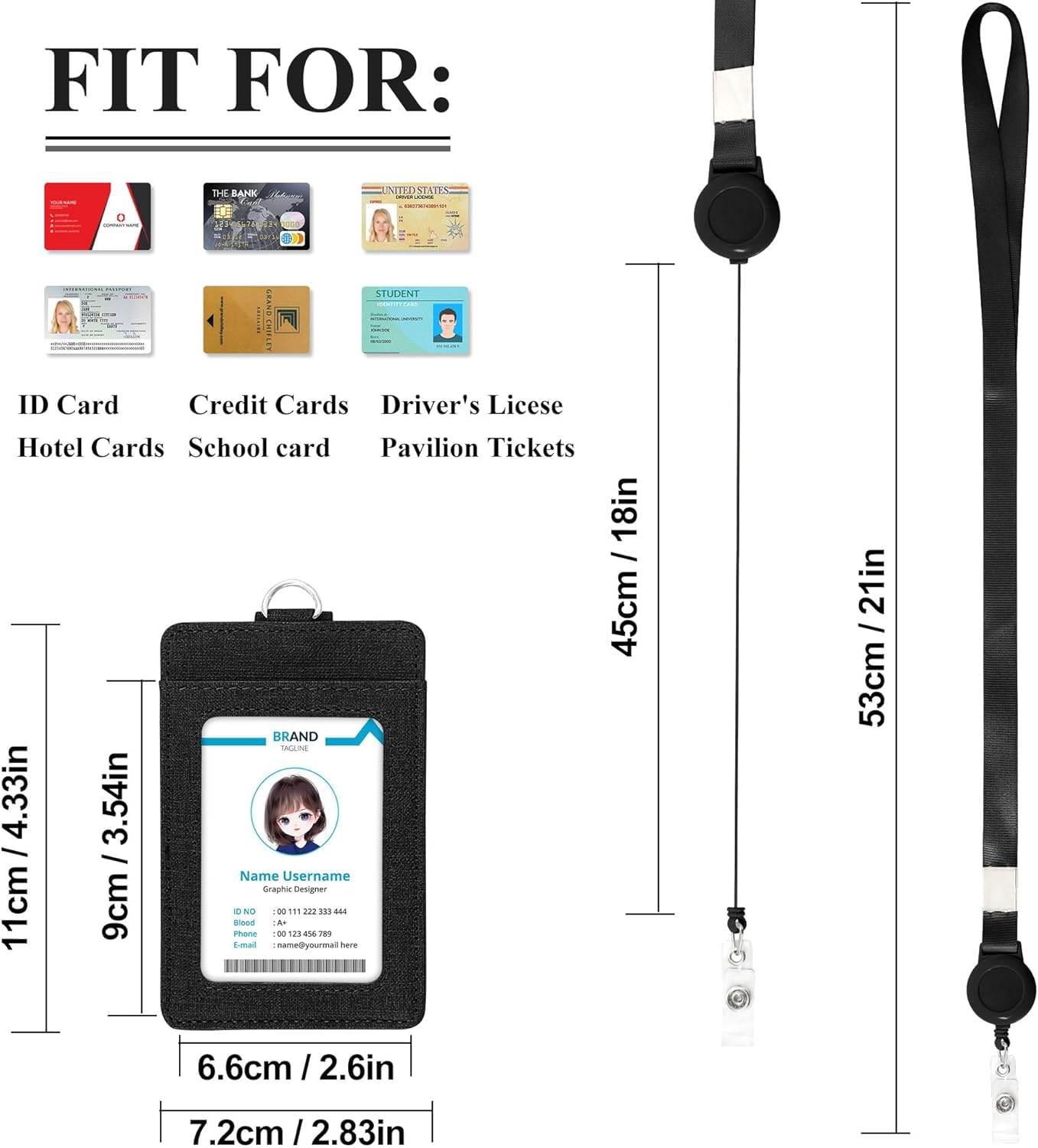 SKY-TOUCH Badge Holder, PU Leather Card Wallet with Retractable Clip, Featuring 3 Card Slots And a Neck Lanyard/Shoulder Strap Suitable for Office IDs, Student IDs, And Driver's Licenses Black