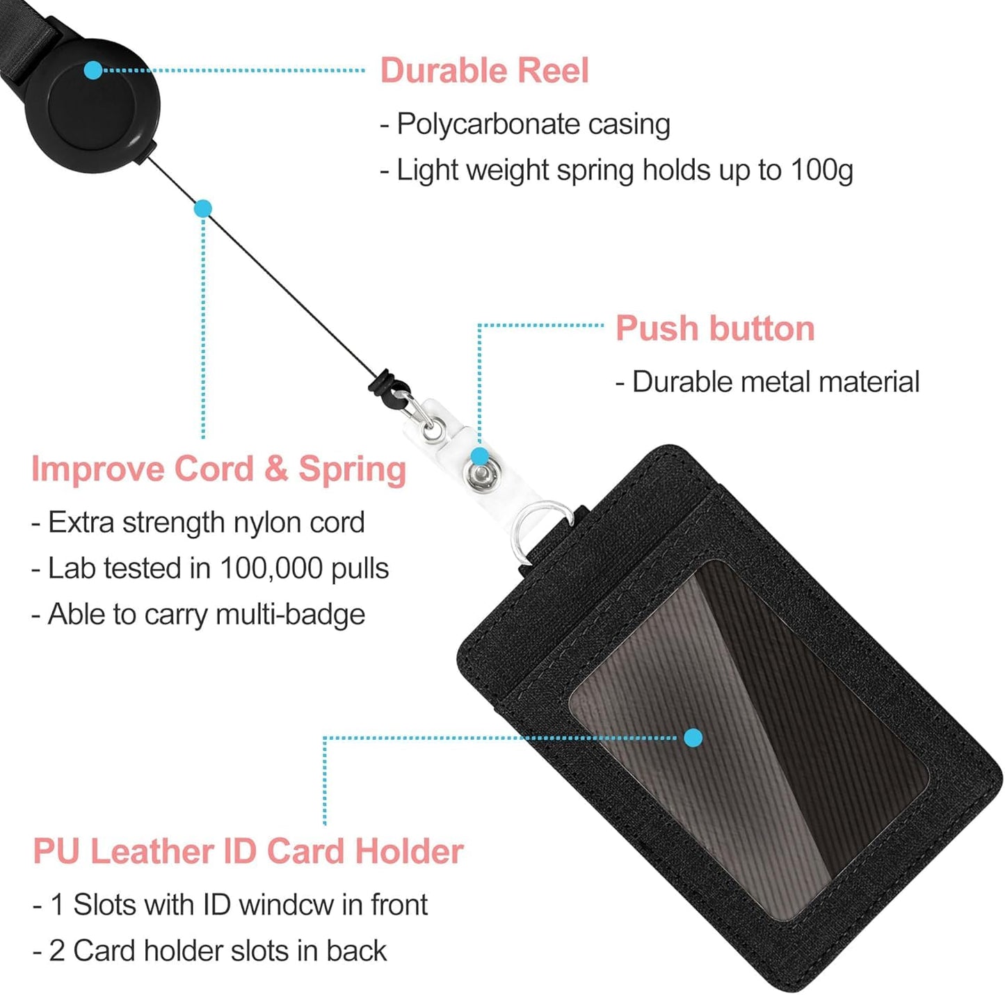 SKY-TOUCH Badge Holder, PU Leather Card Wallet with Retractable Clip, Featuring 3 Card Slots And a Neck Lanyard/Shoulder Strap Suitable for Office IDs, Student IDs, And Driver's Licenses Black