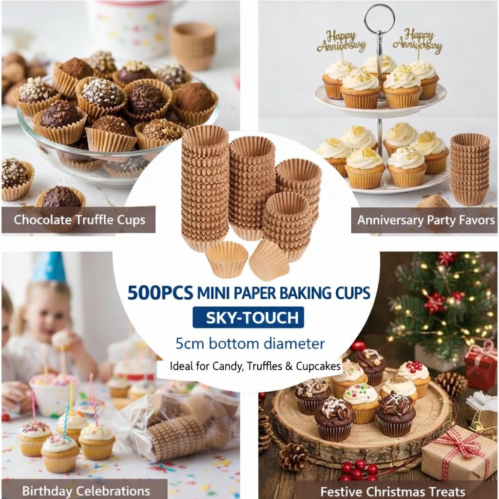 SKY-TOUCH 500PCS Mini Cupcake Liners Muffin Linner, Mini Muffin Truffle Cases Greaseproof Cupcake Liners Non Stick Chocolate Paper Candy Wrappers for Party Birthday Christmas, Bottom size 5cm