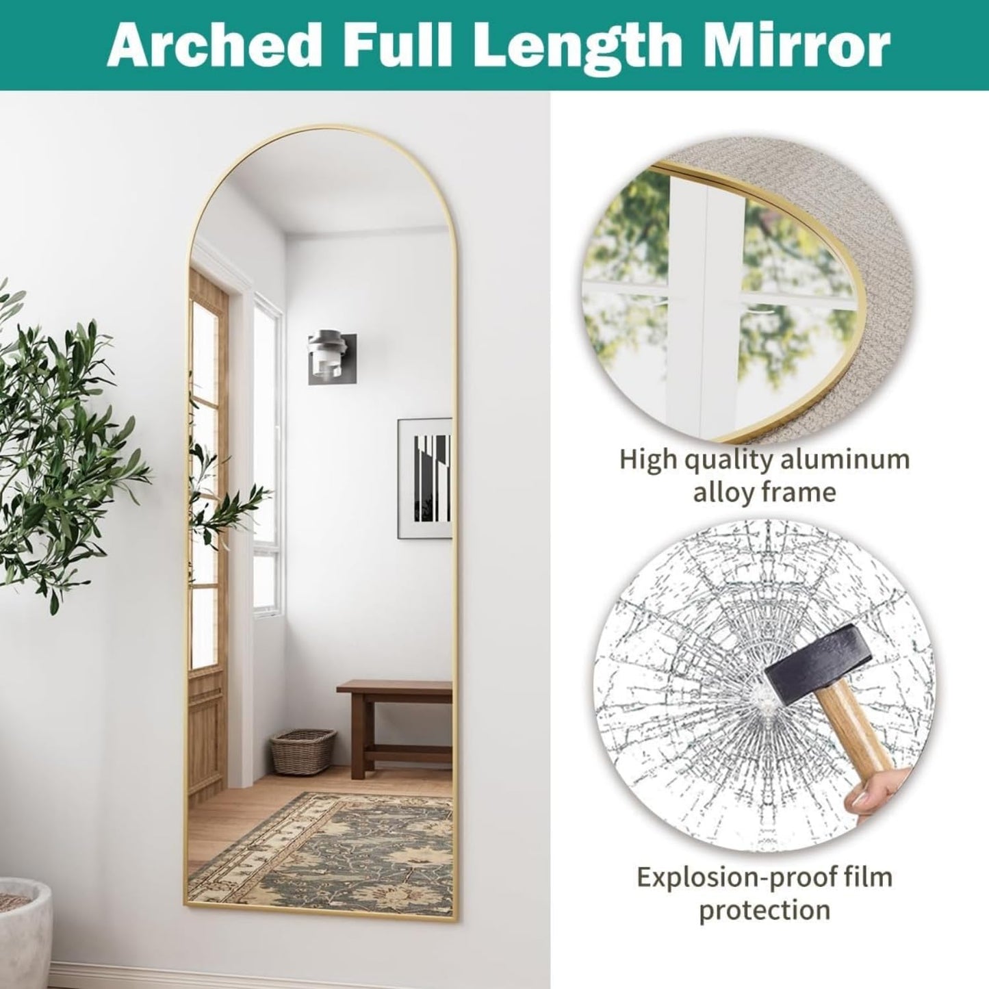 SKY-TOUCH Arched Full Length Mirror 151x42cm, Floor Mirrors Free-Standing Leaning Large Bedroom Dressing Mirror, Wall-Mounted Mirror for Living Room,Bedroom, Gold