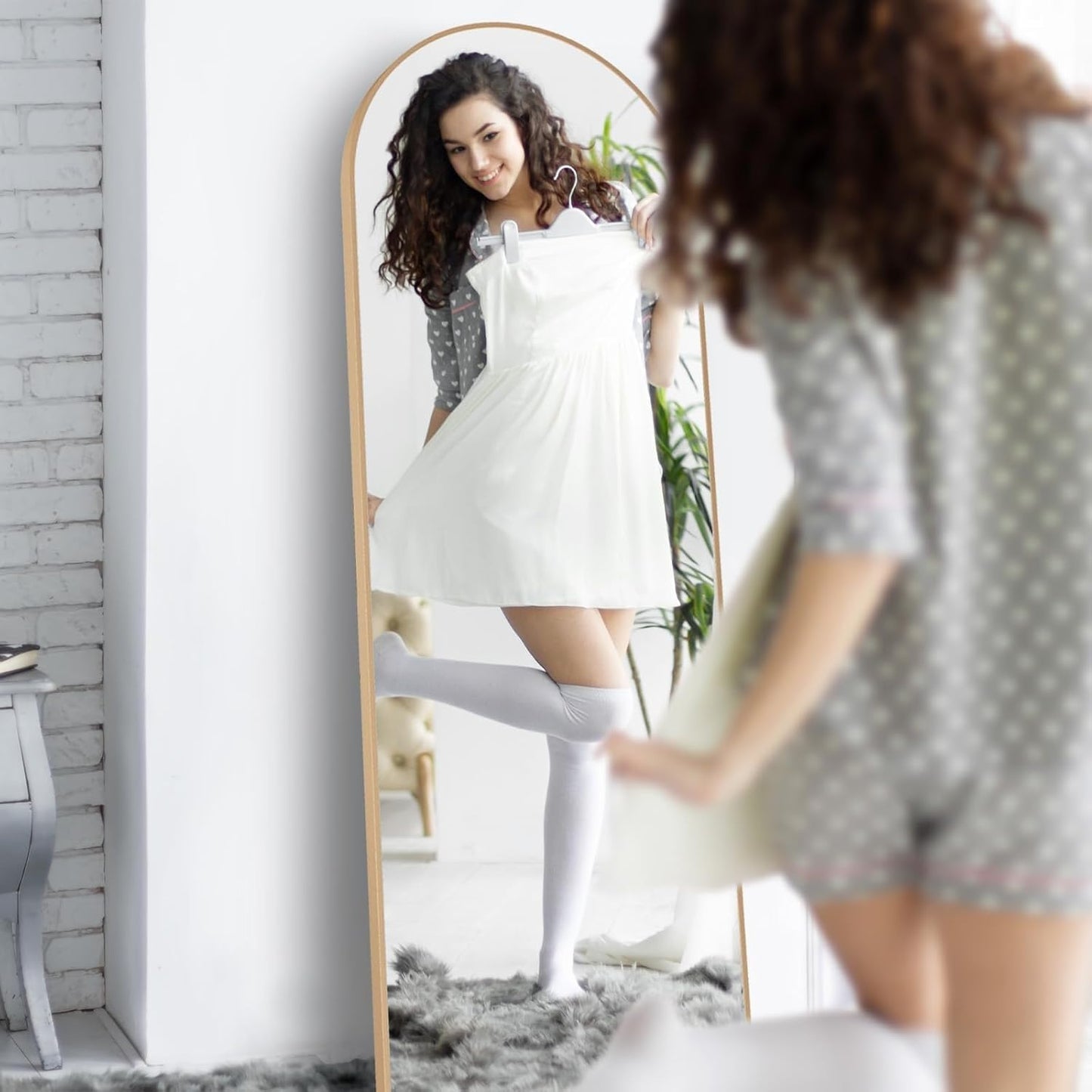 SKY-TOUCH Arched Full Length Mirror 151x42cm, Floor Mirrors Free-Standing Leaning Large Bedroom Dressing Mirror, Wall-Mounted Mirror for Living Room,Bedroom, Gold