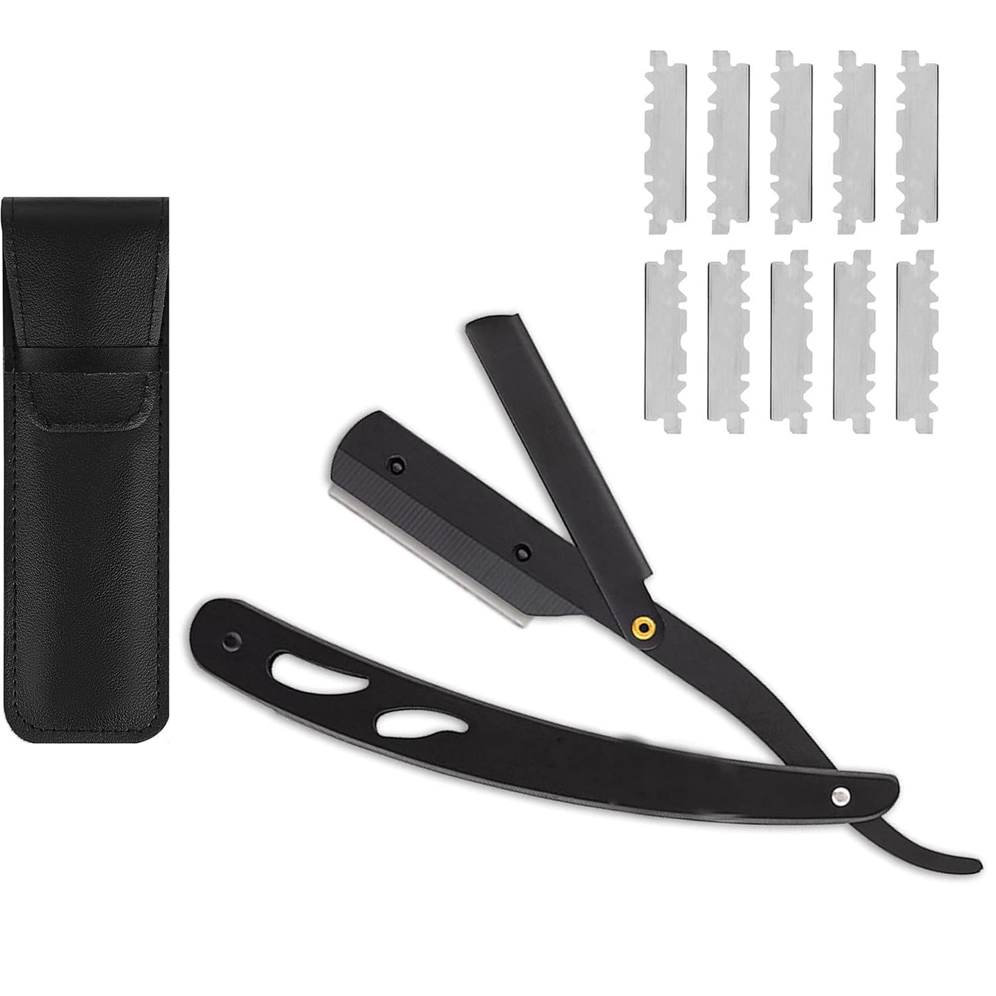 SKY-TOUCH Men's Straight Razor Set, Professional Straight Razor, 10 Replaceable Stainless Steel Blades, Includes Leather Case, Professional Barber Razor, Close Shave, 100% Stainless Steel, Black