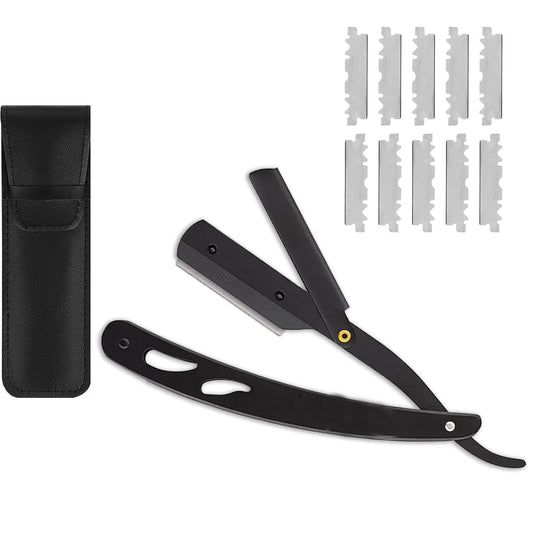 SKY-TOUCH Men's Straight Razor Set, Professional Straight Razor, 10 Replaceable Stainless Steel Blades, Includes Leather Case, Professional Barber Razor, Close Shave, 100% Stainless Steel, Black