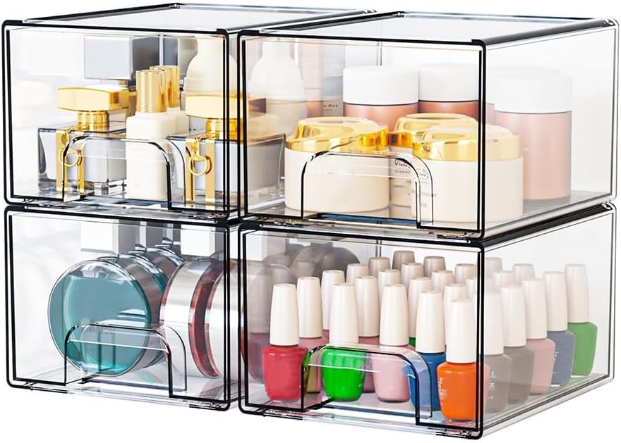 SKY-TOUCH 4 PACK Clear Stackable Storage Drawers, 4.4'' Tall Acrylic Stackable Drawer, Bathroom Makeup Organizer,Plastic Storage Bins For Vanity, Undersink, Kitchen Cabinets, Pantry, 7.4x4.4x6.1inch