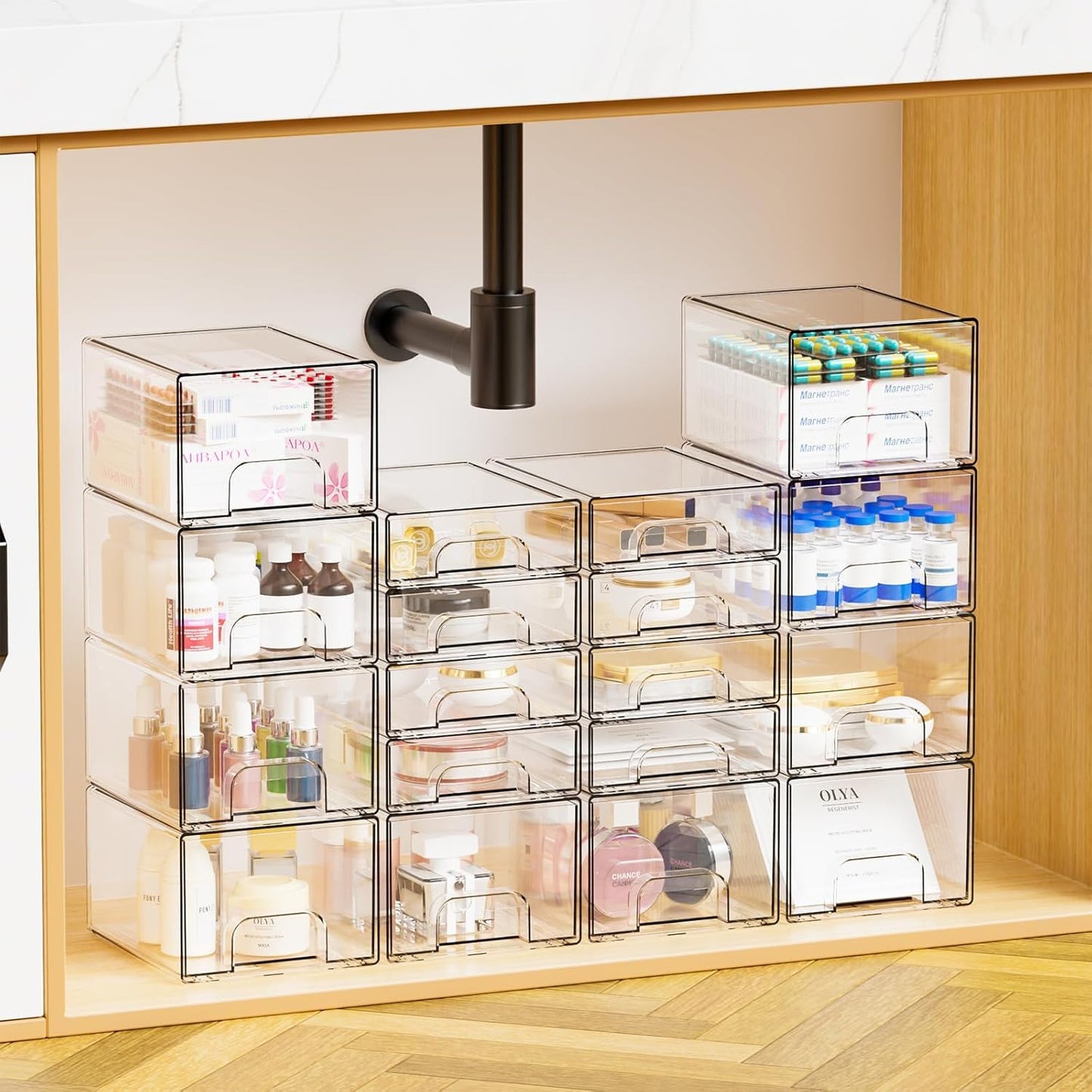 SKY-TOUCH 4 PACK Clear Stackable Storage Drawers, 4.4'' Tall Acrylic Stackable Drawer, Bathroom Makeup Organizer,Plastic Storage Bins For Vanity, Undersink, Kitchen Cabinets, Pantry, 7.4x4.4x6.1inch