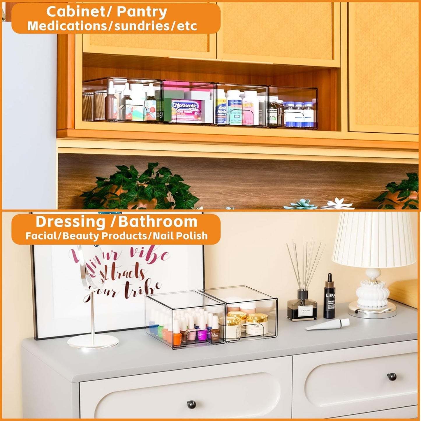 SKY-TOUCH 4 PACK Clear Stackable Storage Drawers, 4.4'' Tall Acrylic Stackable Drawer, Bathroom Makeup Organizer,Plastic Storage Bins For Vanity, Undersink, Kitchen Cabinets, Pantry, 7.4x4.4x6.1inch