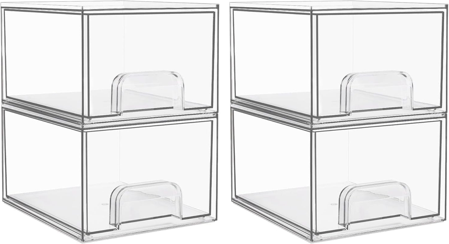 SKY-TOUCH 4 PACK Clear Stackable Storage Drawers, 4.4'' Tall Acrylic Stackable Drawer, Bathroom Makeup Organizer,Plastic Storage Bins For Vanity, Undersink, Kitchen Cabinets, Pantry, 7.4x4.4x6.1inch