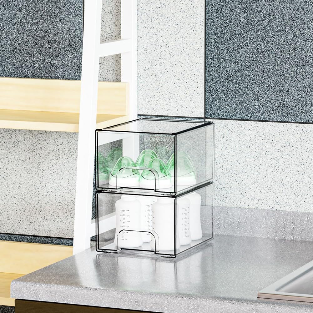 SKY-TOUCH 4 PACK Clear Stackable Storage Drawers, 4.4'' Tall Acrylic Stackable Drawer, Bathroom Makeup Organizer,Plastic Storage Bins For Vanity, Undersink, Kitchen Cabinets, Pantry, 7.4x4.4x6.1inch