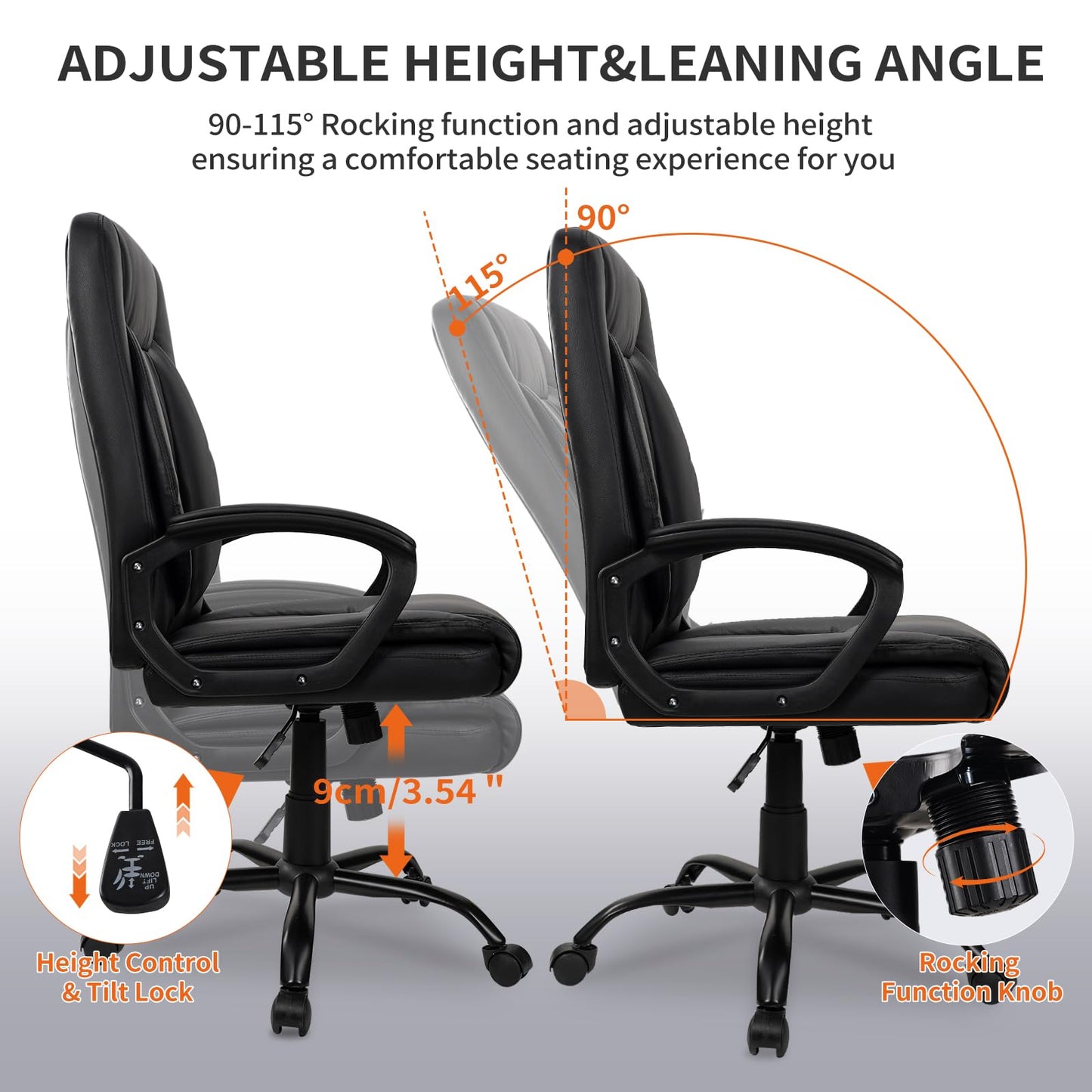 SKY-TOUCH Office Chair, Executive Desk Chair, Classic PU Leather Padded Mid-Back Height Adjustable and Tilt, 350Lb Capacity, Office Computer Desk Chair with Armrest, Black- 26"D x 23.75"W x 42"H
