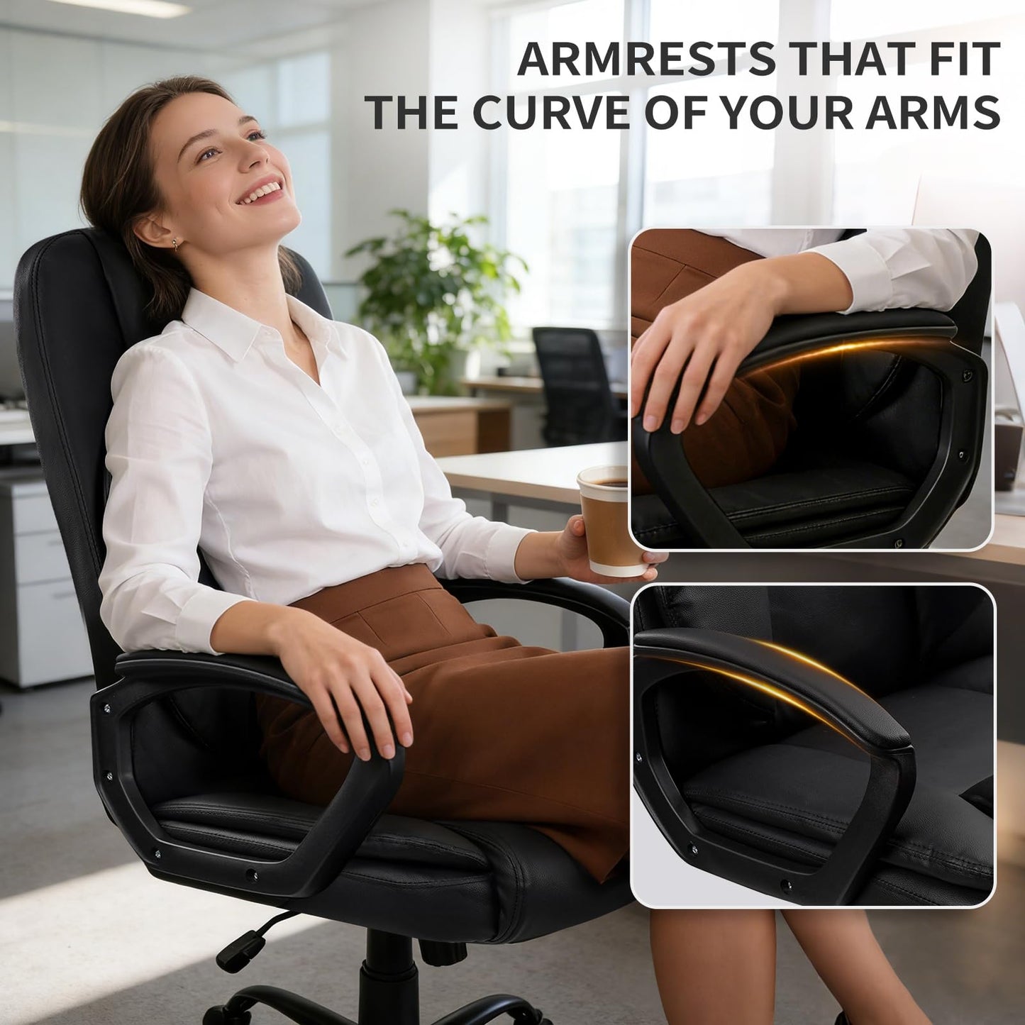 SKY-TOUCH Office Chair, Executive Desk Chair, Classic PU Leather Padded Mid-Back Height Adjustable and Tilt, 350Lb Capacity, Office Computer Desk Chair with Armrest, Black- 26"D x 23.75"W x 42"H