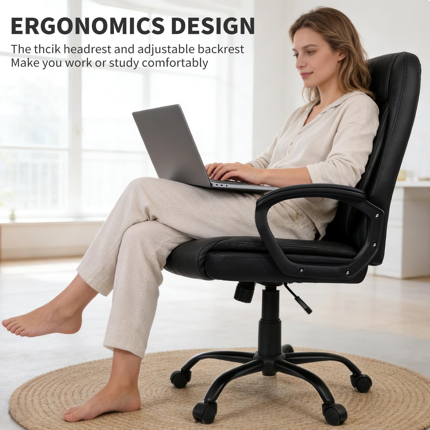 SKY-TOUCH Office Chair, Executive Desk Chair, Classic PU Leather Padded Mid-Back Height Adjustable and Tilt, 350Lb Capacity, Office Computer Desk Chair with Armrest, Black- 26"D x 23.75"W x 42"H