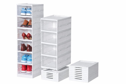 SKY-TOUCH Shoes Storage Box, Installation Free 6 Layer Clear Shoe Boxes Stackable Foldable, Storage Organiser for shoes, Trainers,high heels,Hallway,Under Bed Shoe Box,Women,Men, 35x26x105cm
