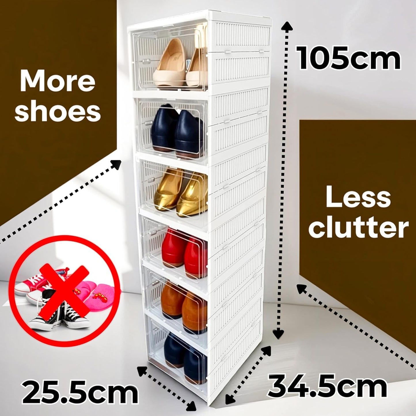 SKY-TOUCH Shoes Storage Box, Installation Free 6 Layer Clear Shoe Boxes Stackable Foldable, Storage Organiser for shoes, Trainers,high heels,Hallway,Under Bed Shoe Box,Women,Men, 35x26x105cm
