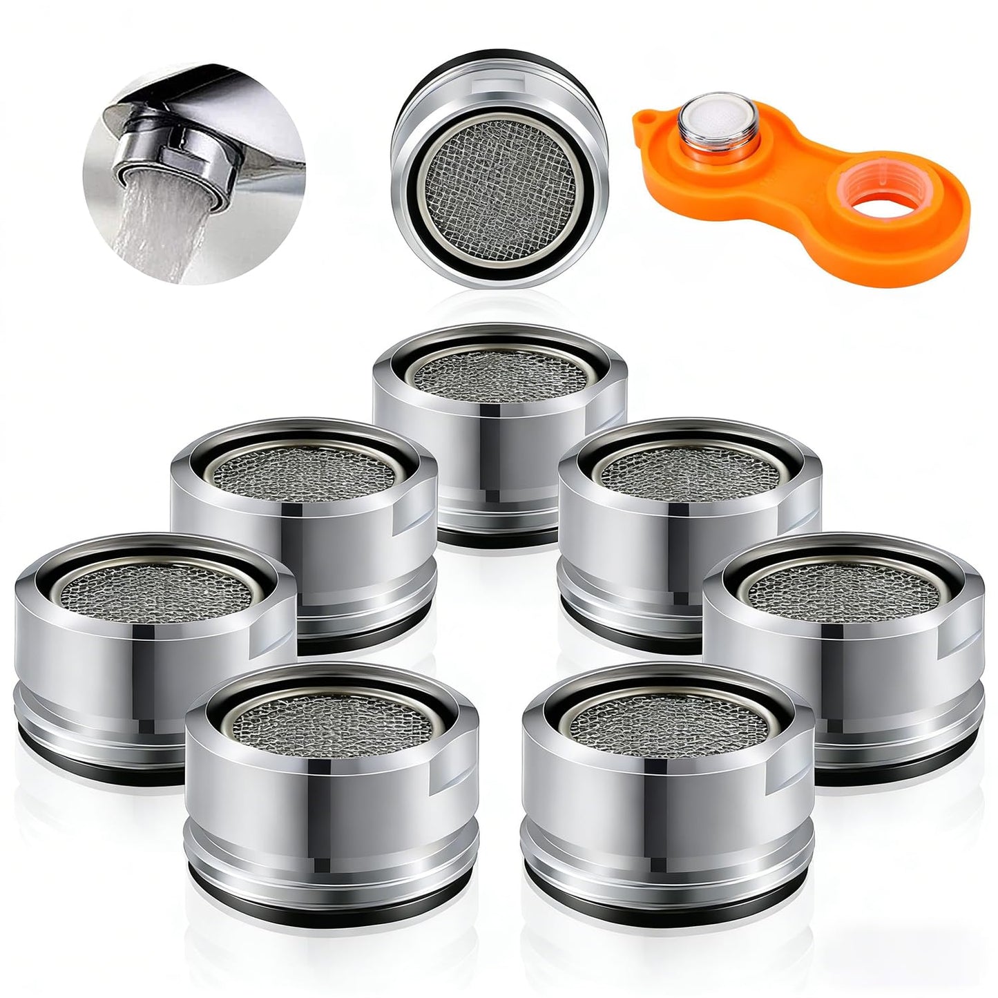SKY-TOUCH 24mm Faucet Aerator, Anti-Splash Water Flow Regulator, Water-Saving Faucet Nozzle Replacement Part for Kitchen and Bathroom Sinks, Wrench Included, External Thread, 8 PCS