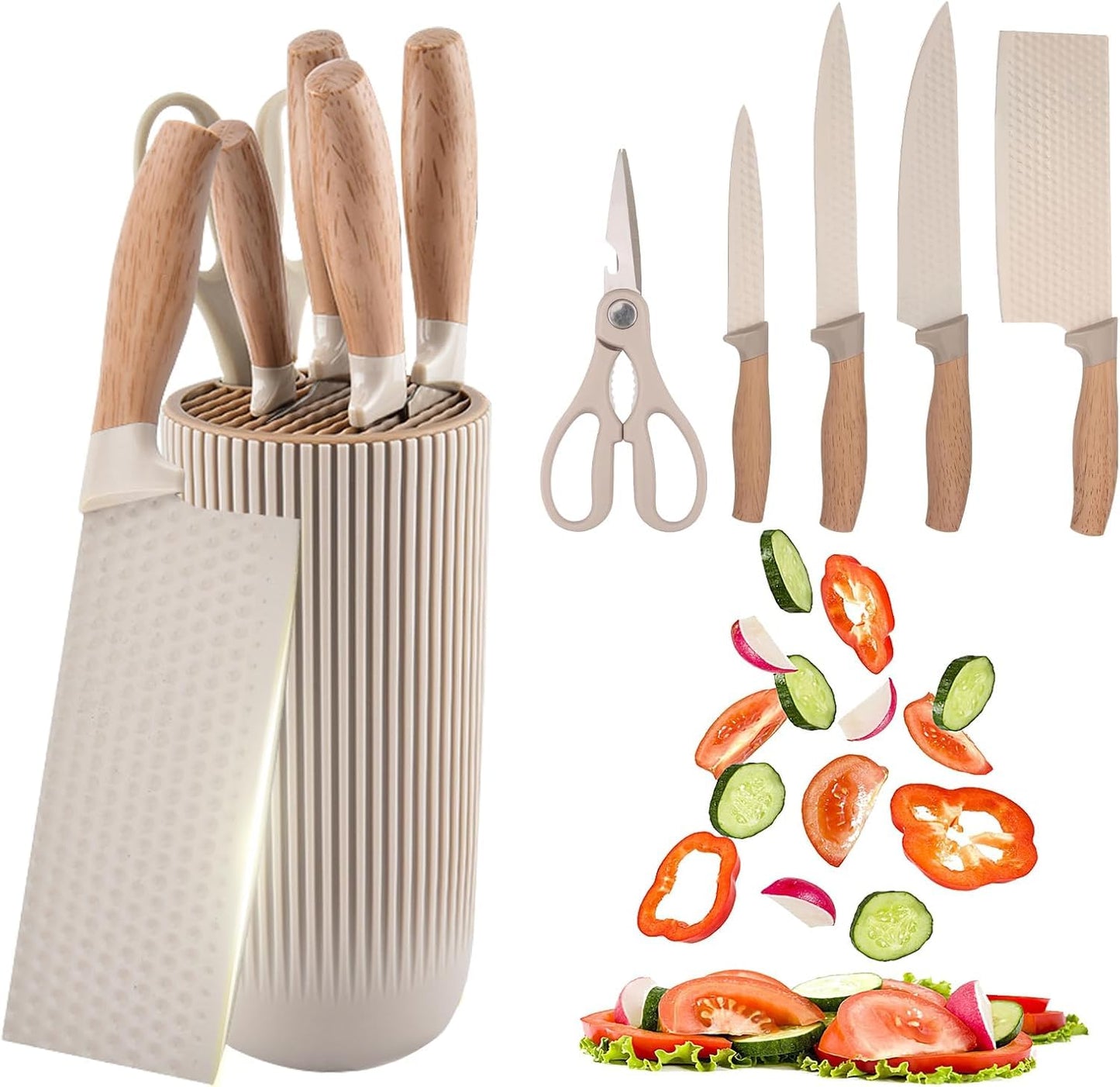 SKY-TOUCH Kitchen Knife Set,6-Piece Khaki Kitchen Knife Set with Knife Block – Non-Stick Stainless Steel Sharp Blades, Anti-Rust & Ergonomic Design for Home, Restaurant,Outdoor