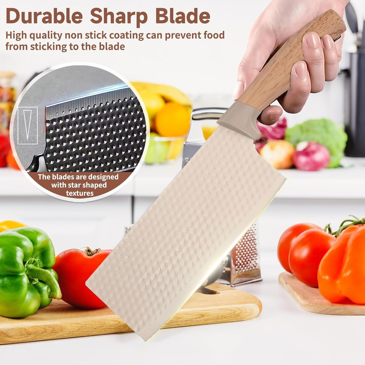 SKY-TOUCH Kitchen Knife Set,6-Piece Khaki Kitchen Knife Set with Knife Block – Non-Stick Stainless Steel Sharp Blades, Anti-Rust & Ergonomic Design for Home, Restaurant,Outdoor