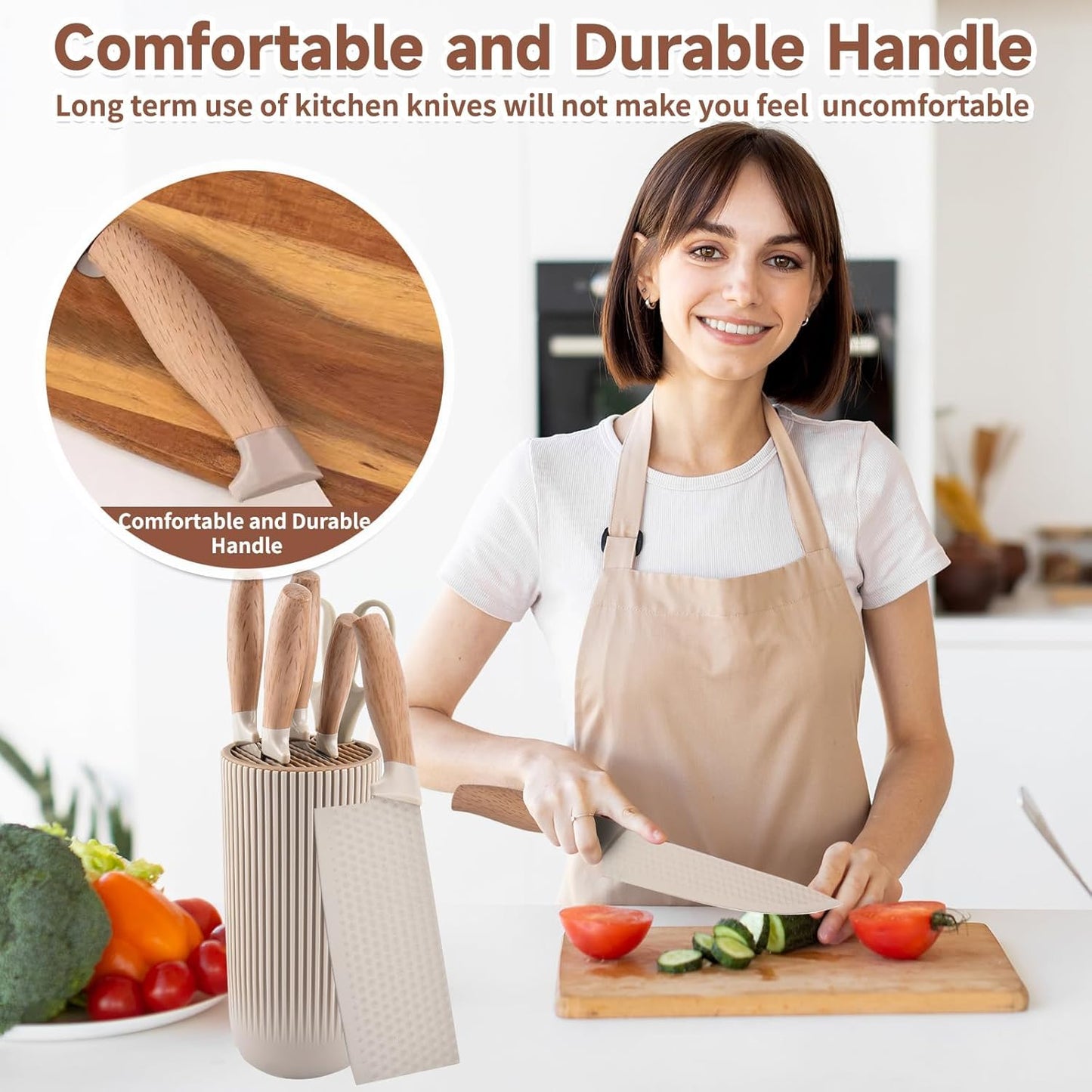 SKY-TOUCH Kitchen Knife Set,6-Piece Khaki Kitchen Knife Set with Knife Block – Non-Stick Stainless Steel Sharp Blades, Anti-Rust & Ergonomic Design for Home, Restaurant,Outdoor