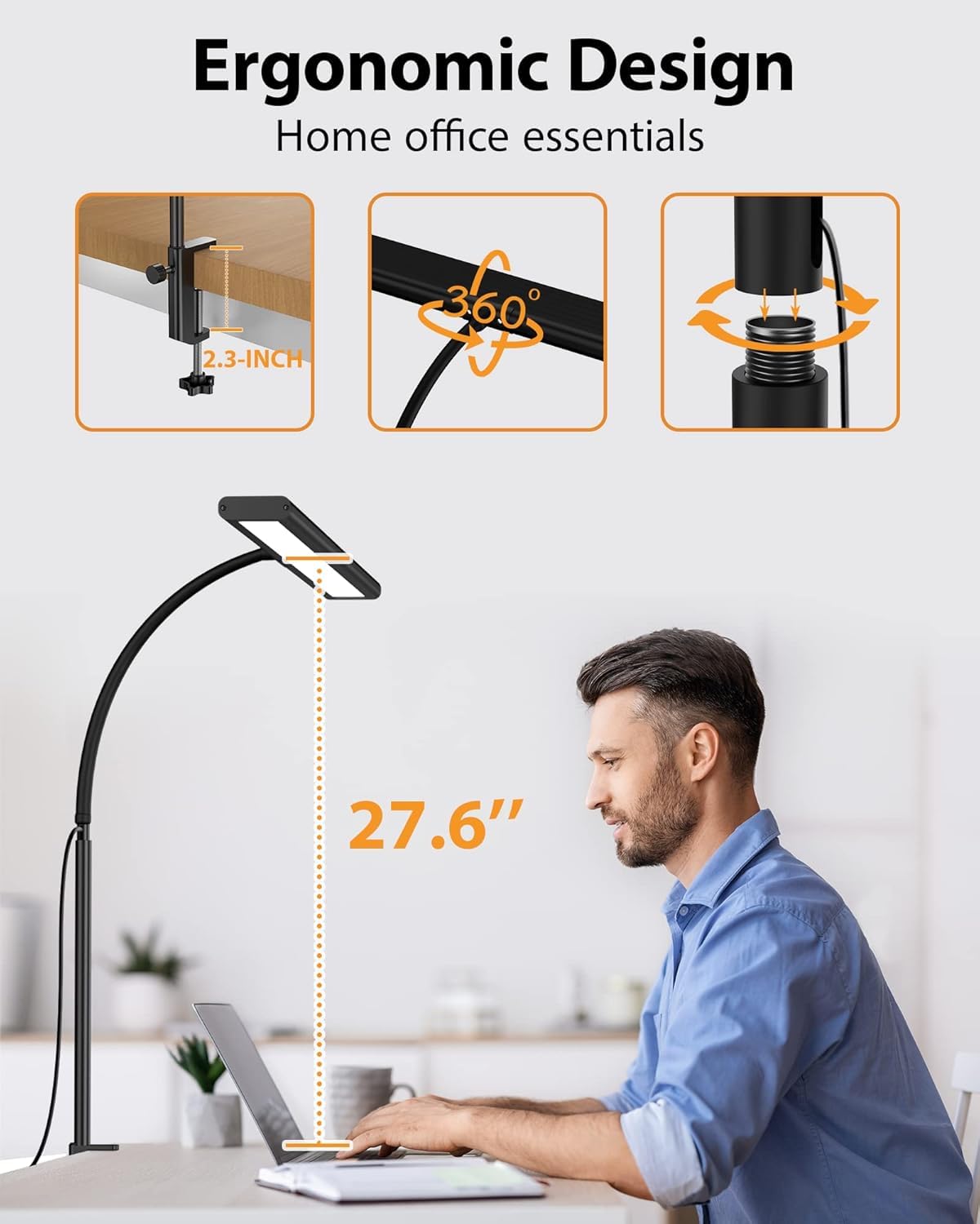 SKY-TOUCH LED Desk Lamp with Clamp, Clip on Light for Office Desk, Eye-Caring Task Lamp with 5 Colour Temperatures and 5 Brightness Levels, for Study, Craft, Bedside, Black