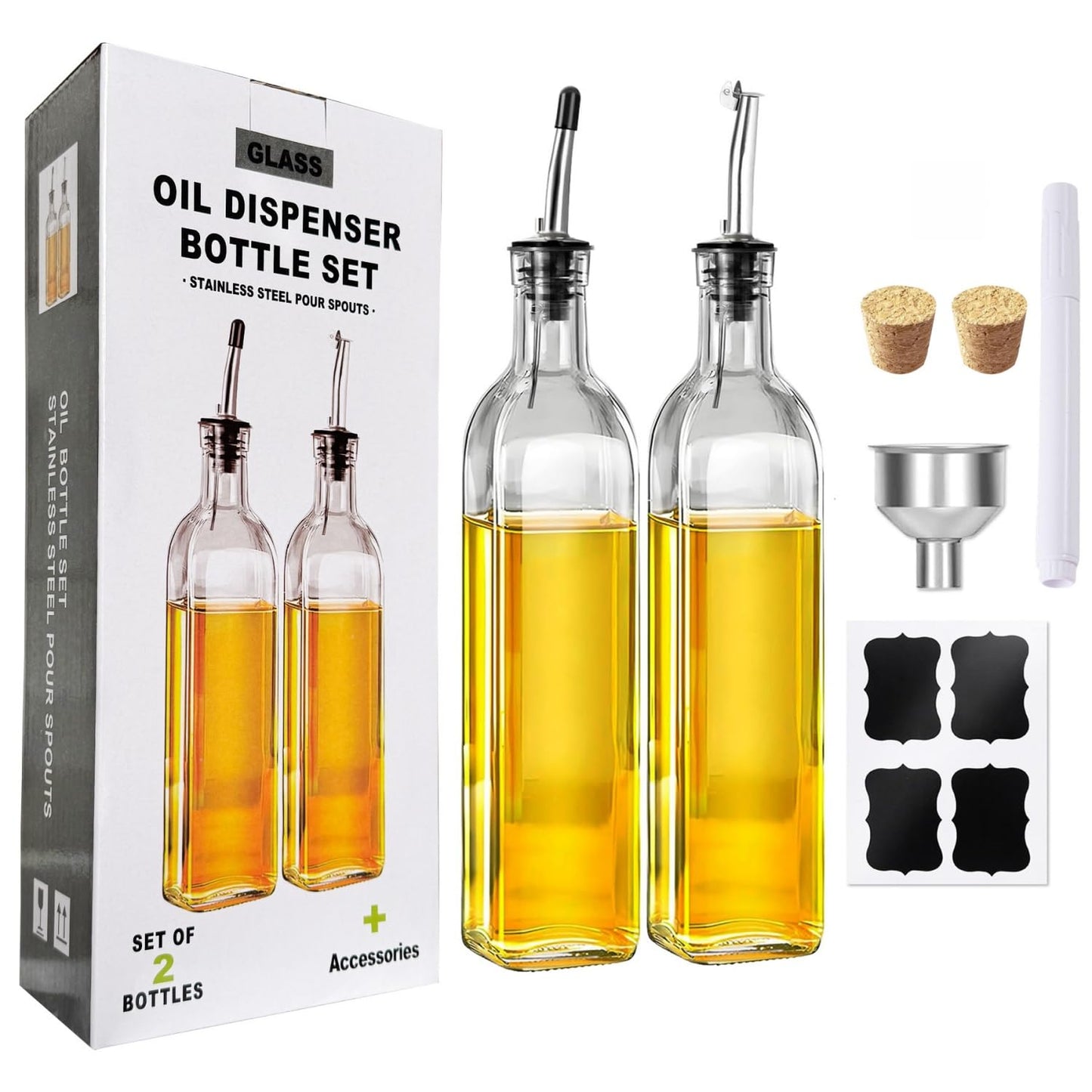 SKY-TOUCH 2 Pcs Oil Dispenser Bottles, 500ml Glass Olive Oil Dispenser Bottle and Vinegar Dispenser Set with Pourers, Funnel and Labels