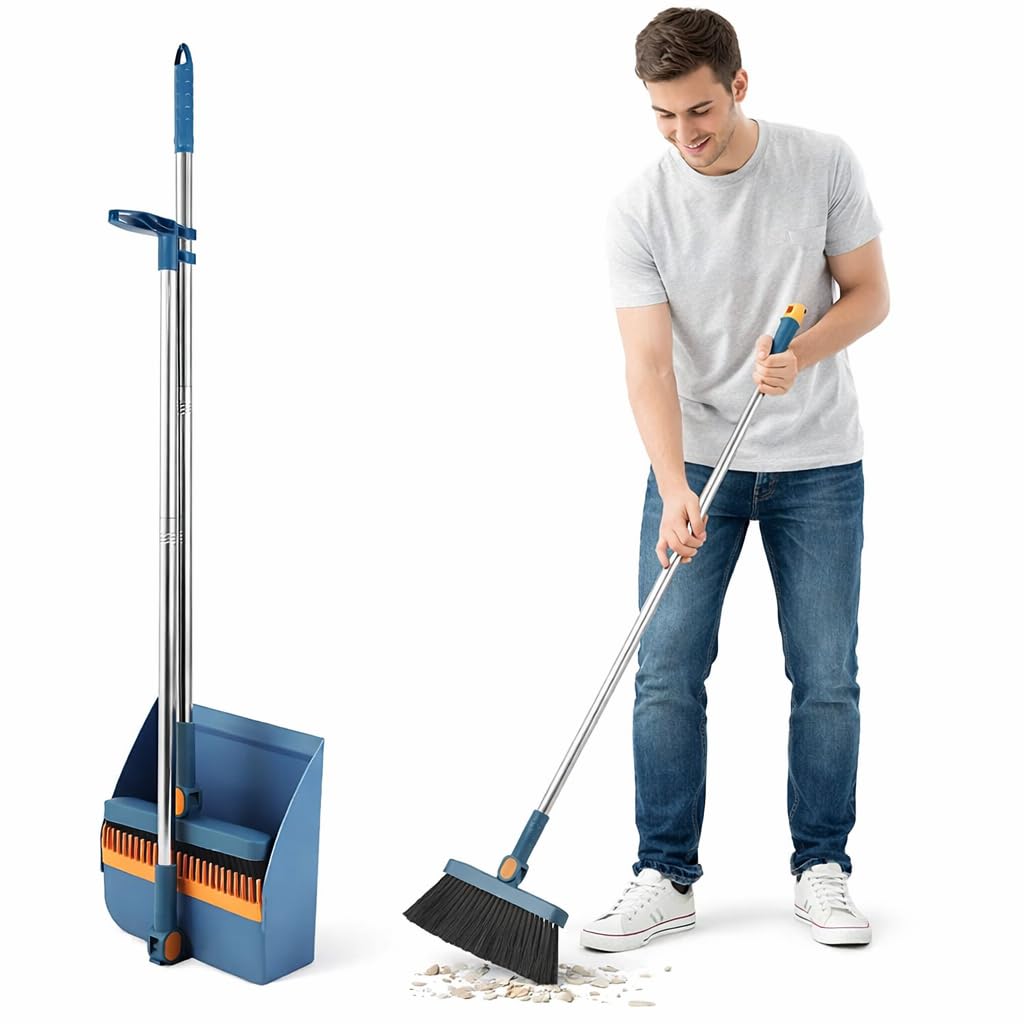 SKY-TOUCH Broom and Dustpan Set, Foldable Dustpan Upright Broom for Home, Office, Kitchen, Daliy Using, Blue