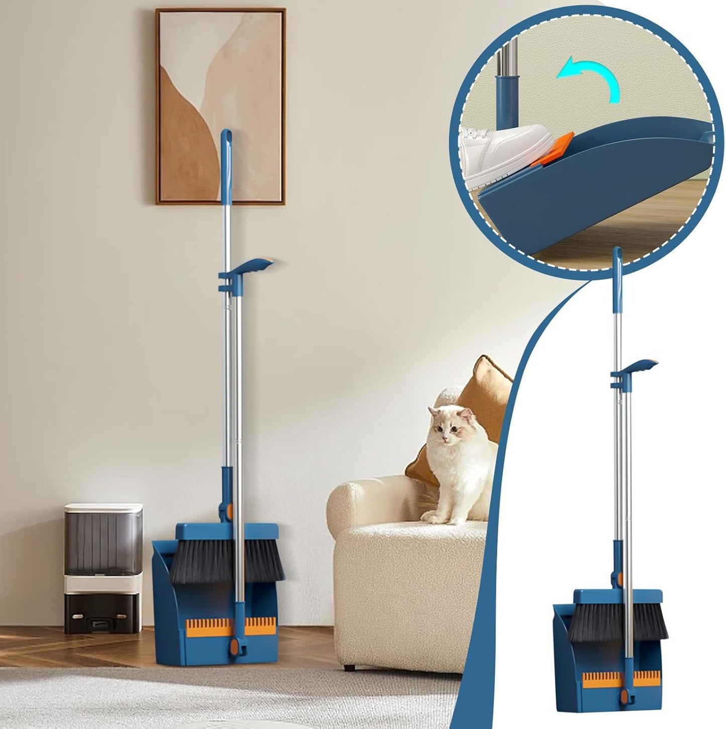 SKY-TOUCH Broom and Dustpan Set, Foldable Dustpan Upright Broom for Home, Office, Kitchen, Daliy Using, Blue