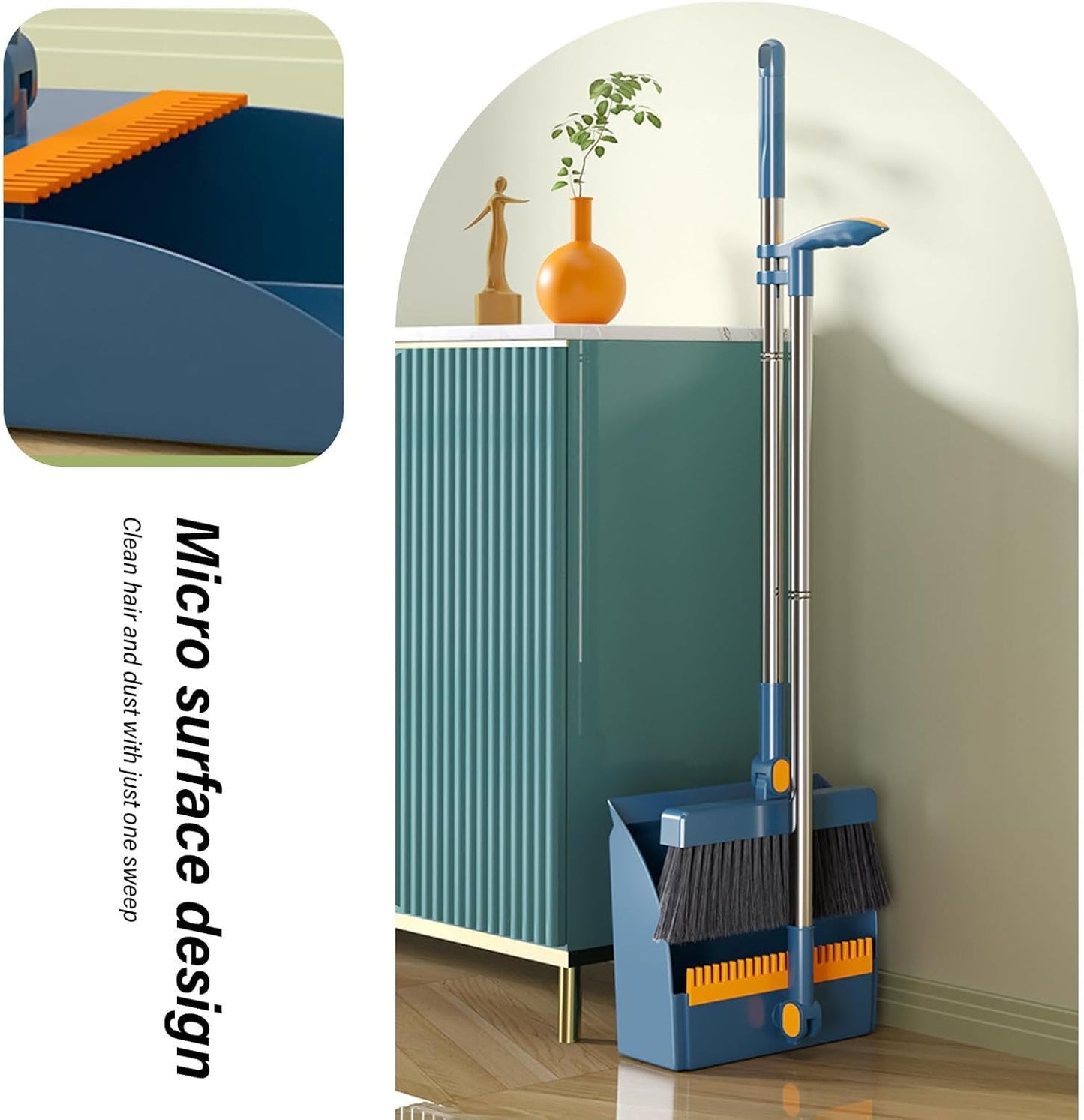 SKY-TOUCH Broom and Dustpan Set, Foldable Dustpan Upright Broom for Home, Office, Kitchen, Daliy Using, Blue