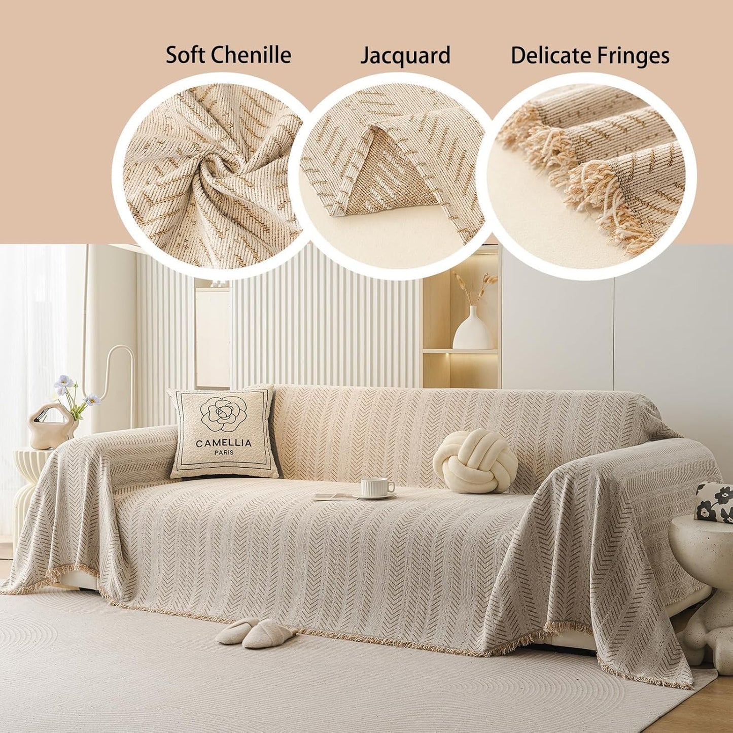 SKY-TOUCH Chenille Sofa Cover 180 * 420cm, Extra Large Multi-Functional Sofa Slipcovers with Tassels, Cat-Proof & Anti-Scratch Couch Protector Slipcover, Shaped Dogs Protector Furniture Covers, Beige