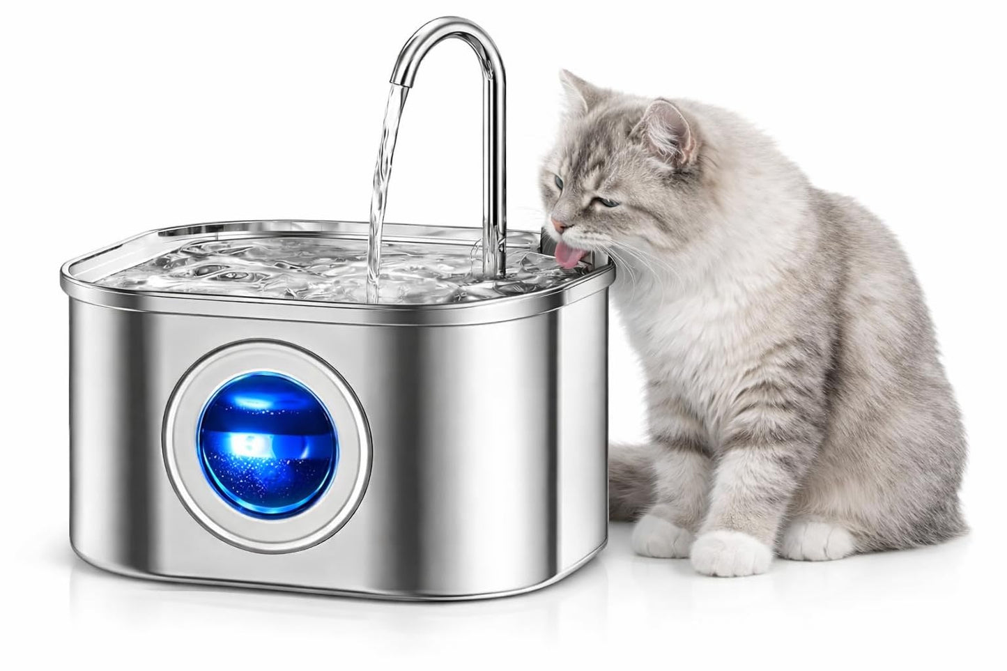 SKY-TOUCH Cat Water Fountain, 2.2L Stainless Steel Pet Fountain with Super Quiet Pump, Indoor Automatic Water Dispenser for Cats, Dogs & Multiple Pets, 18x18x12cm