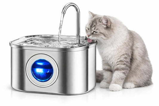 SKY-TOUCH Cat Water Fountain, 2.2L Stainless Steel Pet Fountain with Super Quiet Pump, Indoor Automatic Water Dispenser for Cats, Dogs & Multiple Pets, 18x18x12cm