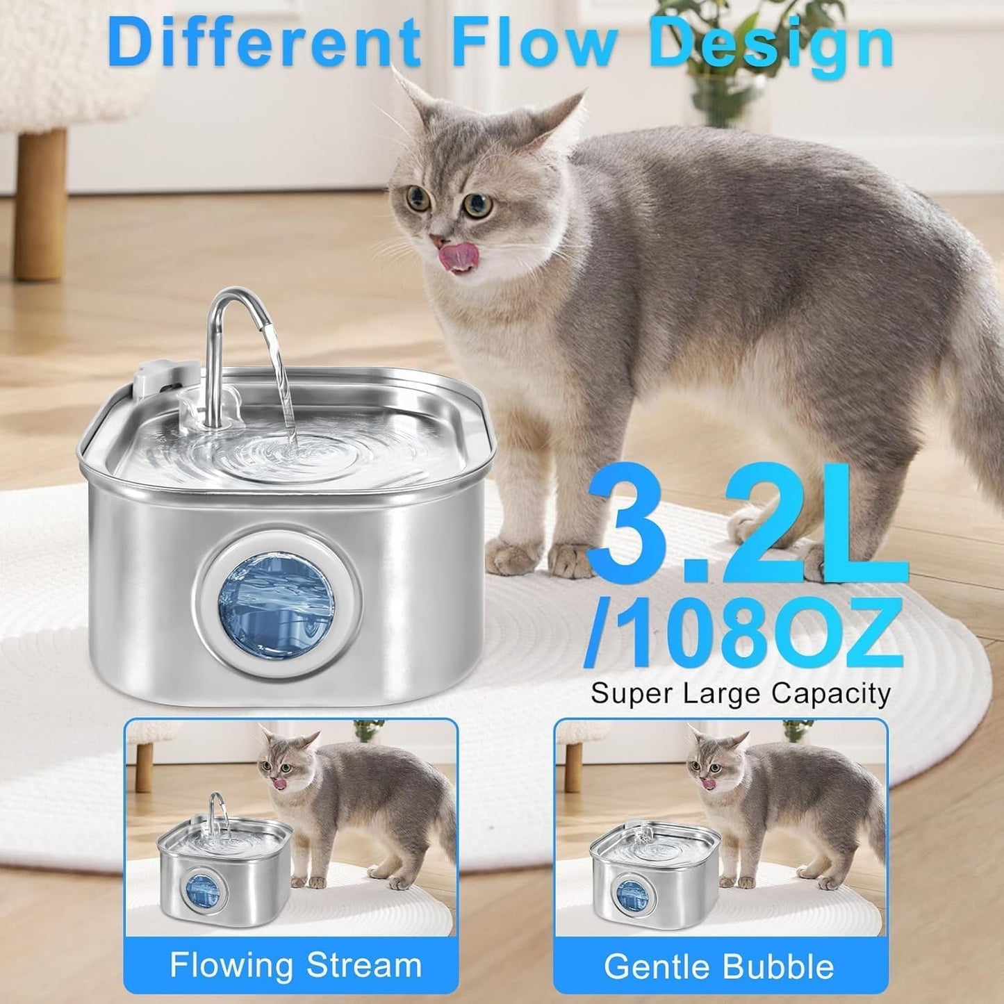 SKY-TOUCH Cat Water Fountain, 2.2L Stainless Steel Pet Fountain with Super Quiet Pump, Indoor Automatic Water Dispenser for Cats, Dogs & Multiple Pets, 18x18x12cm
