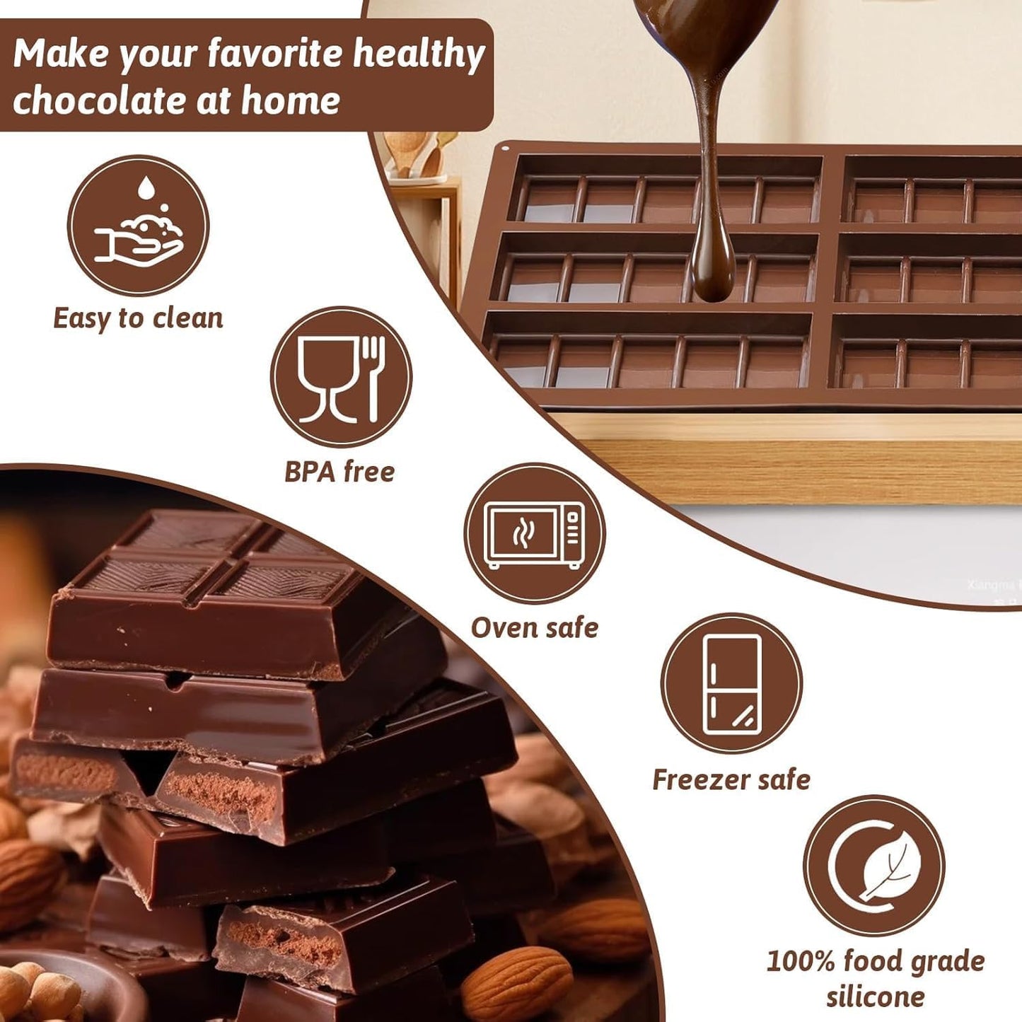 SKY-TOUCH 2 Packs Silicone Chocolate Molds, Food-Grade Rectangle Molds for Chocolate,Sweet, Wax Melts & More, BPA-Free, Heat & Freeze Safe
