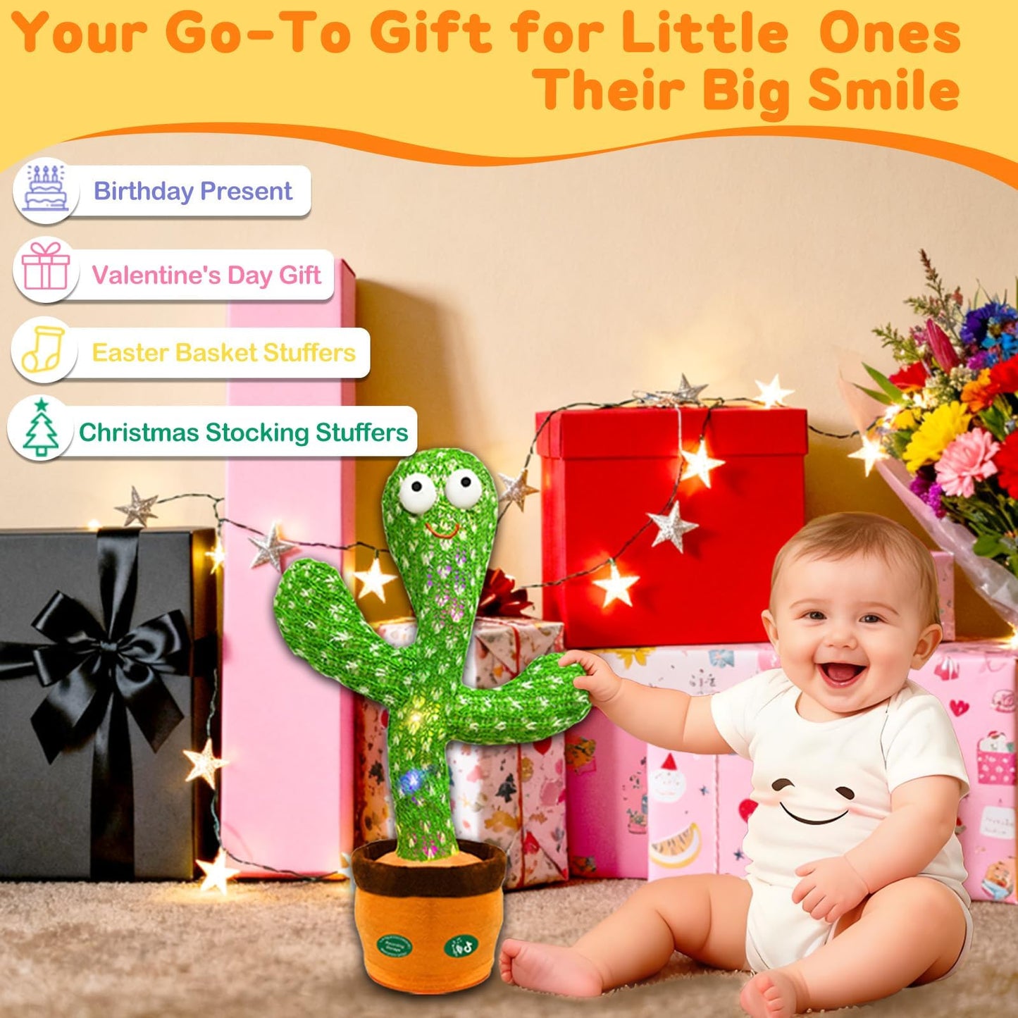 SKY-TOUCH Dancing Mimicking Talking Cactus Toy,Funny Gift for Toddler 1 2 3 Year Old Boy Girl,Singing Record Repeat What You Say Light Up Baby Infant Toys 6-12 12-18 Months (Volume Adjustment)