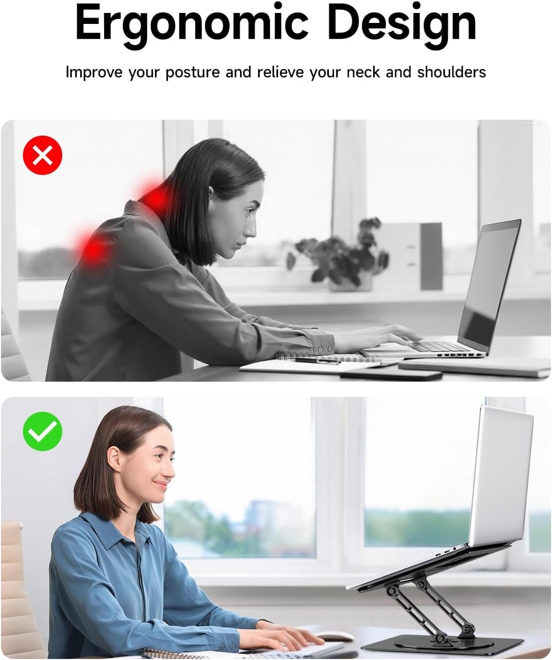 SKY-TOUCH Adjustable Laptop Stand with 360° Rotating Base, Ergonomic Aluminum Riser for MacBook, Huawei, ASUS, Lenovo, 14"-17.3" Laptops, Foldable & Cooling Design
