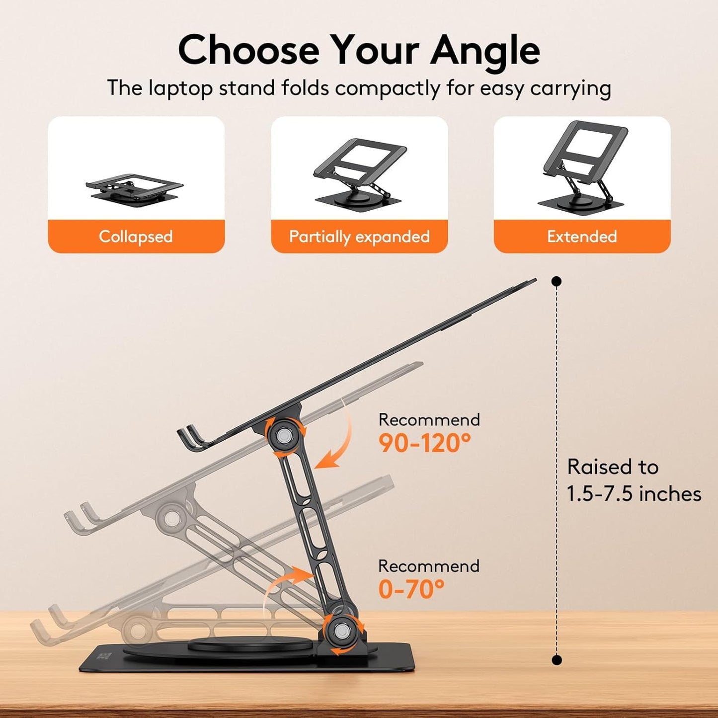 SKY-TOUCH Adjustable Laptop Stand with 360° Rotating Base, Ergonomic Aluminum Riser for MacBook, Huawei, ASUS, Lenovo, 14"-17.3" Laptops, Foldable & Cooling Design
