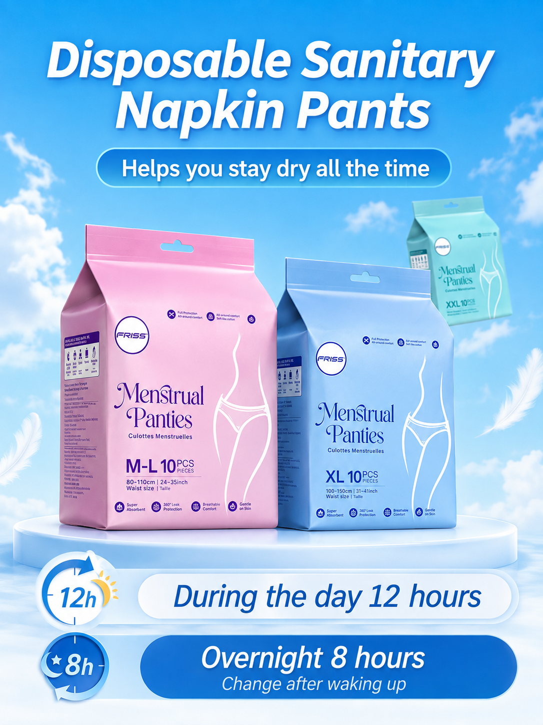 SKY-TOUCH 10PCS Night Period Panty for Women XL,Ultra Absorbent Disposable Overnight Panties, 360° Leak Proof Period Panties Breathable Comfortable, Suitable Weight 64–73 kg
